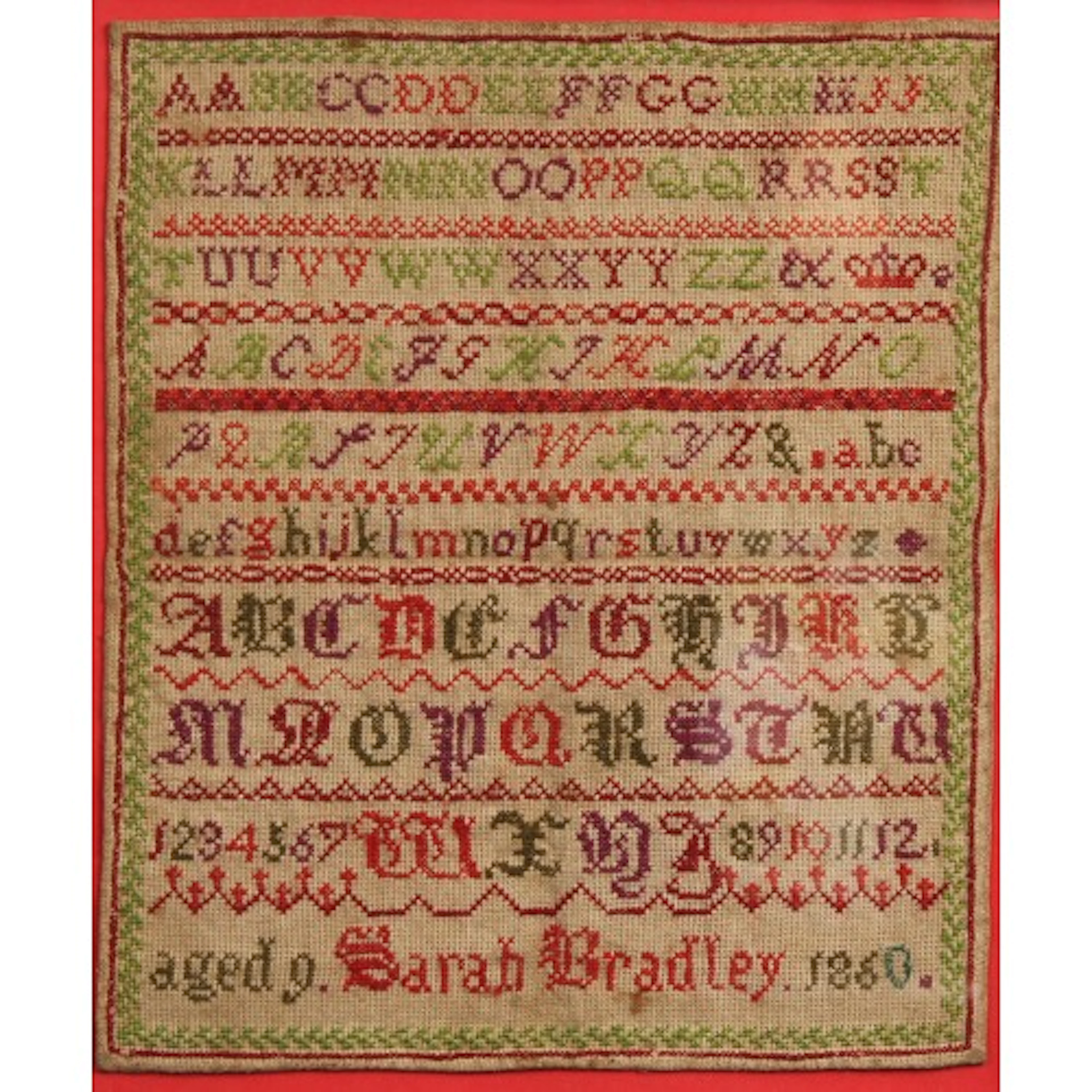 A Victorian needlework sampler, by Sarah Bradley, Aged 9, 18...