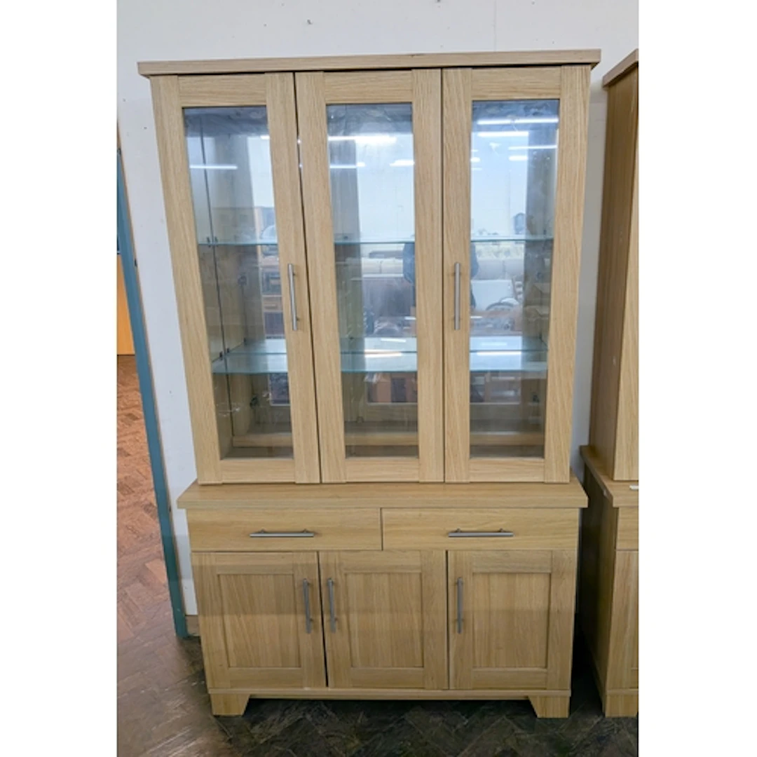 Modern light oak finished wall display cabinet, three glazed...
