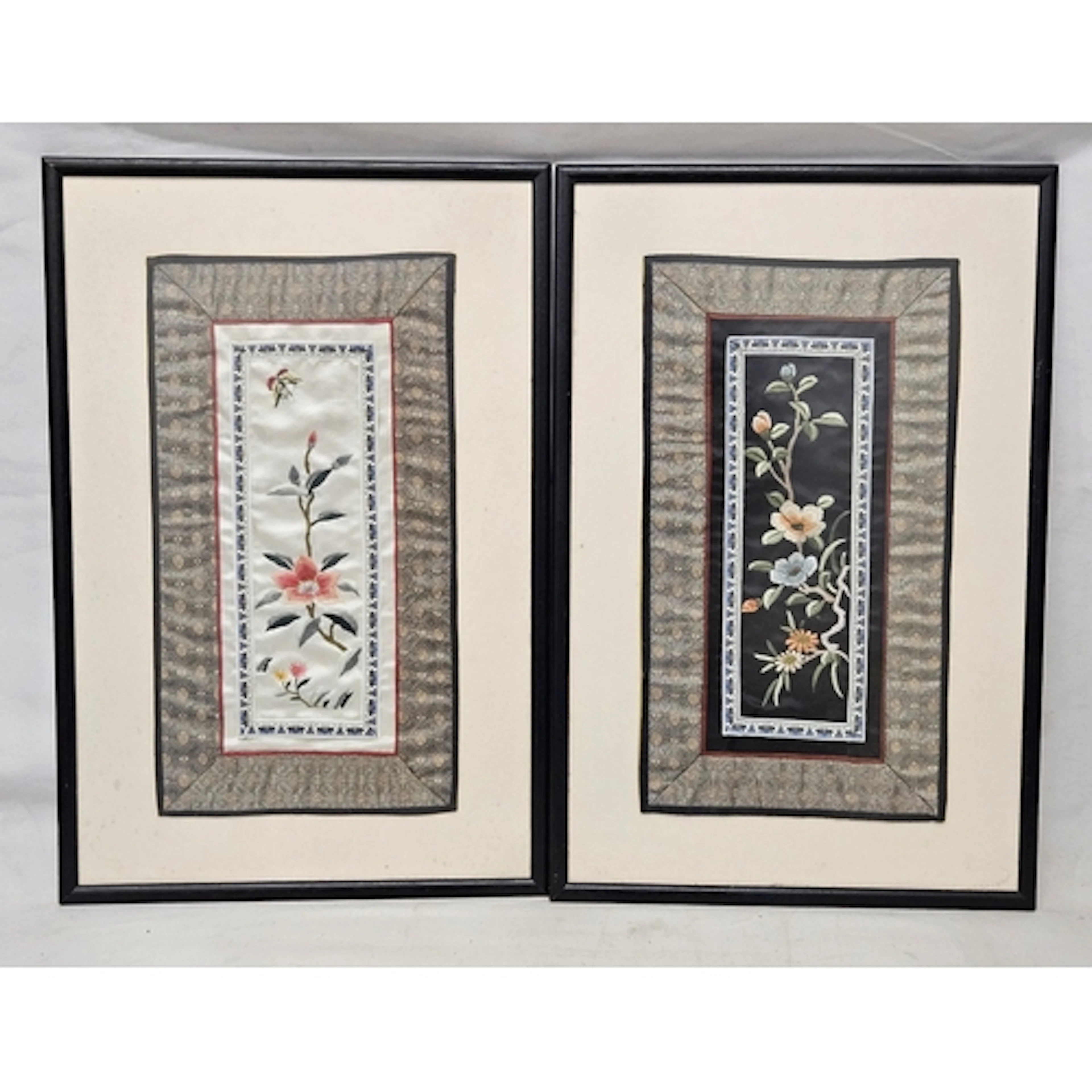 Pair F/g Chinese Silk Embroideries, each 33cm W x 49.5cm H (...
