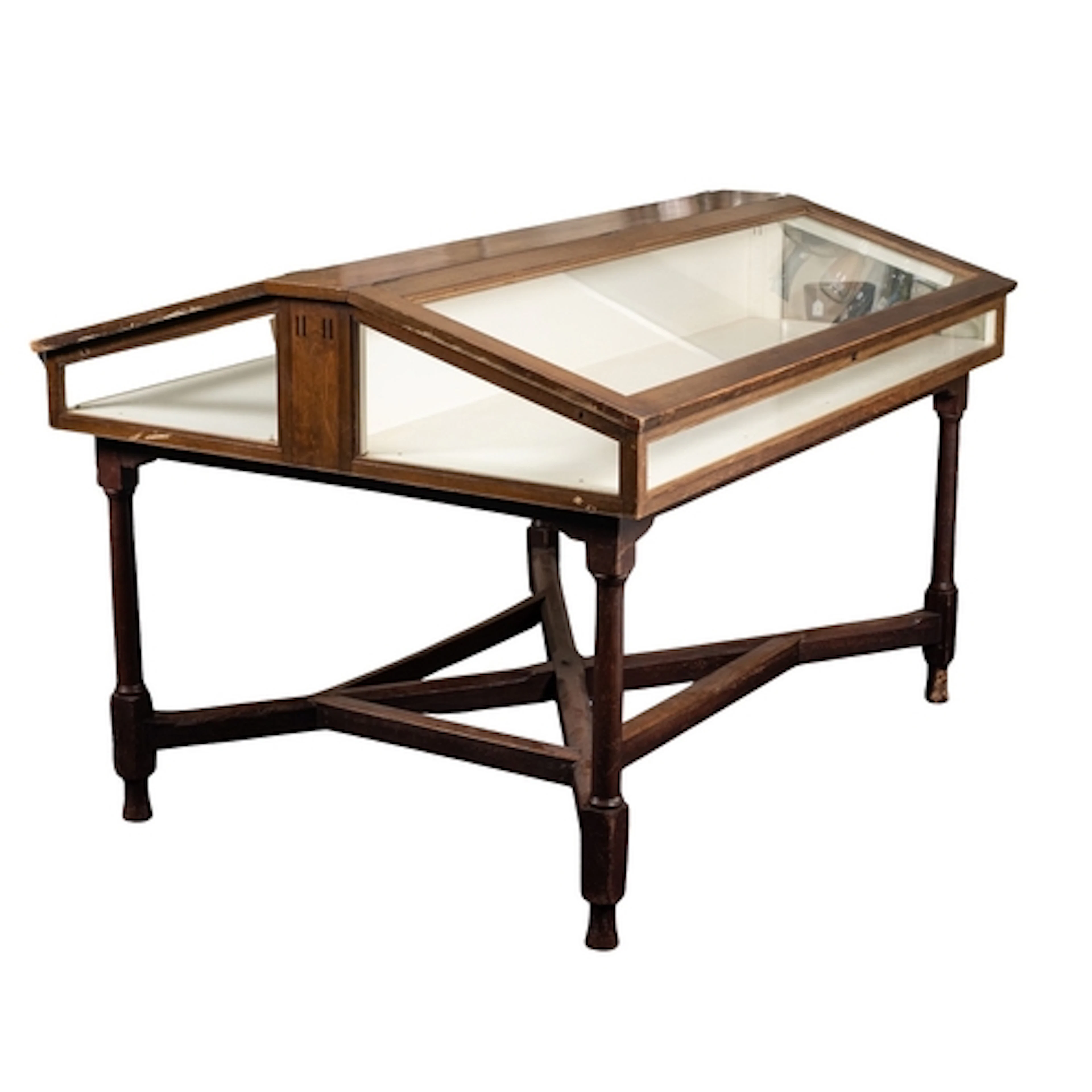 An oak and glazed exhibition display cabinet, the later 20th...
