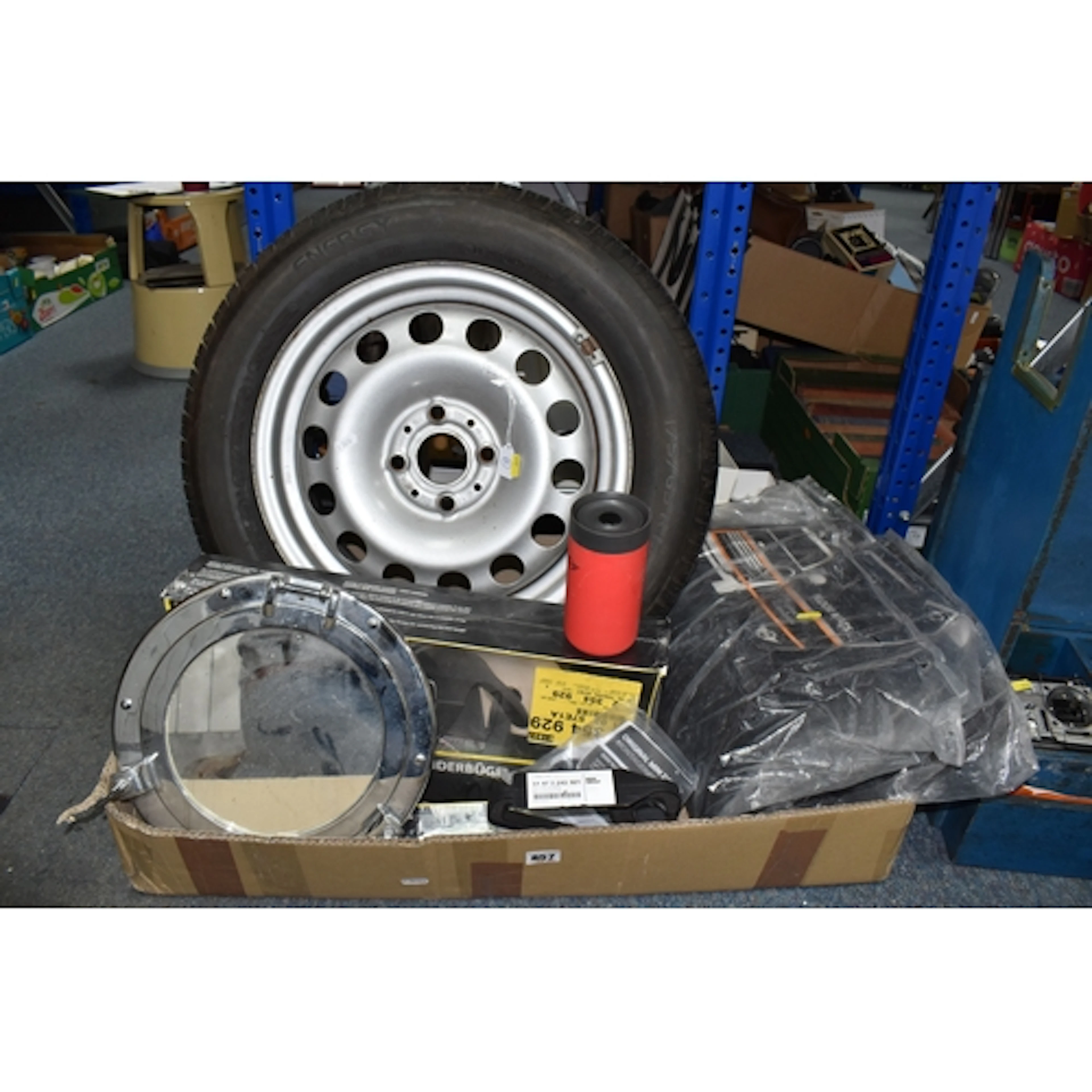 A BOX OF MINI CAR PARTS to include a wheel fitted with a Mic...