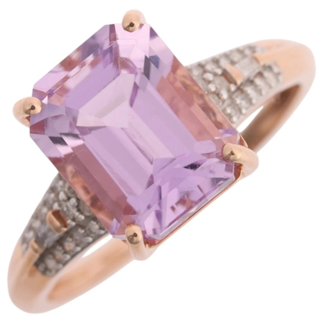 A 9ct rose gold amethyst and diamond ring, TJC, claw set wit...