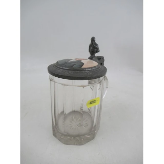 A continental glass tankard, the pewter cover inset with a p...