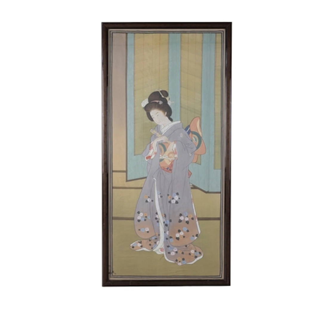 A JAPANESE FULL LENGTH PORTRAIT GOUACHE PAINTING depicting a...