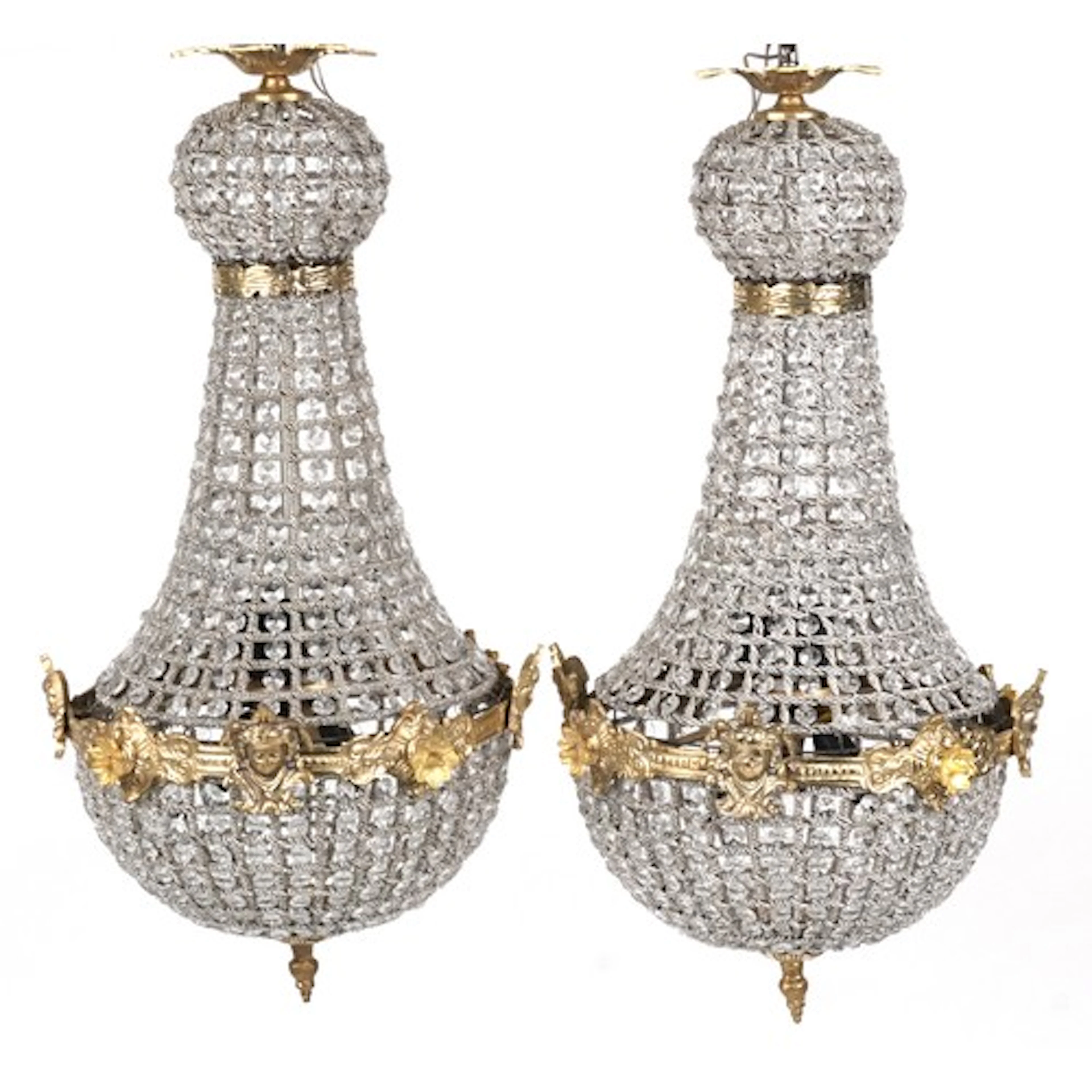 Pair of ornate chandeliers with gilt brass mounts, each, 69c...