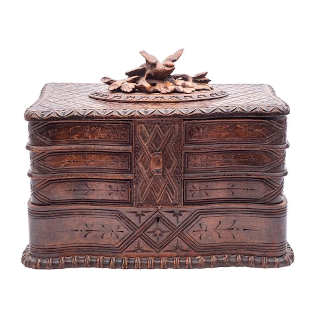 A 'Black Forest' stained lindenwood sewing workbox, circa 19...
