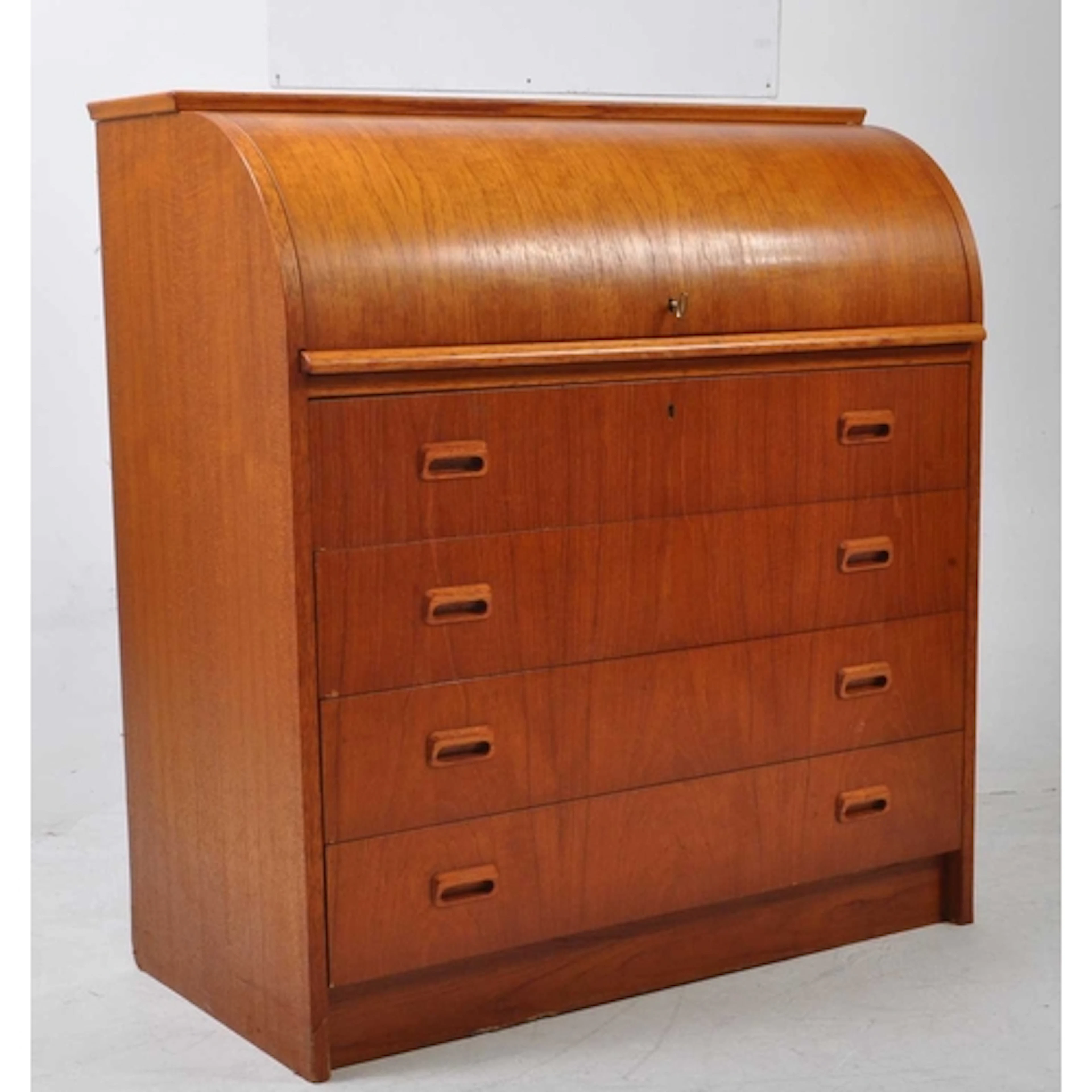 British Modern Design - Vintage teak roll top bureau desk. W...