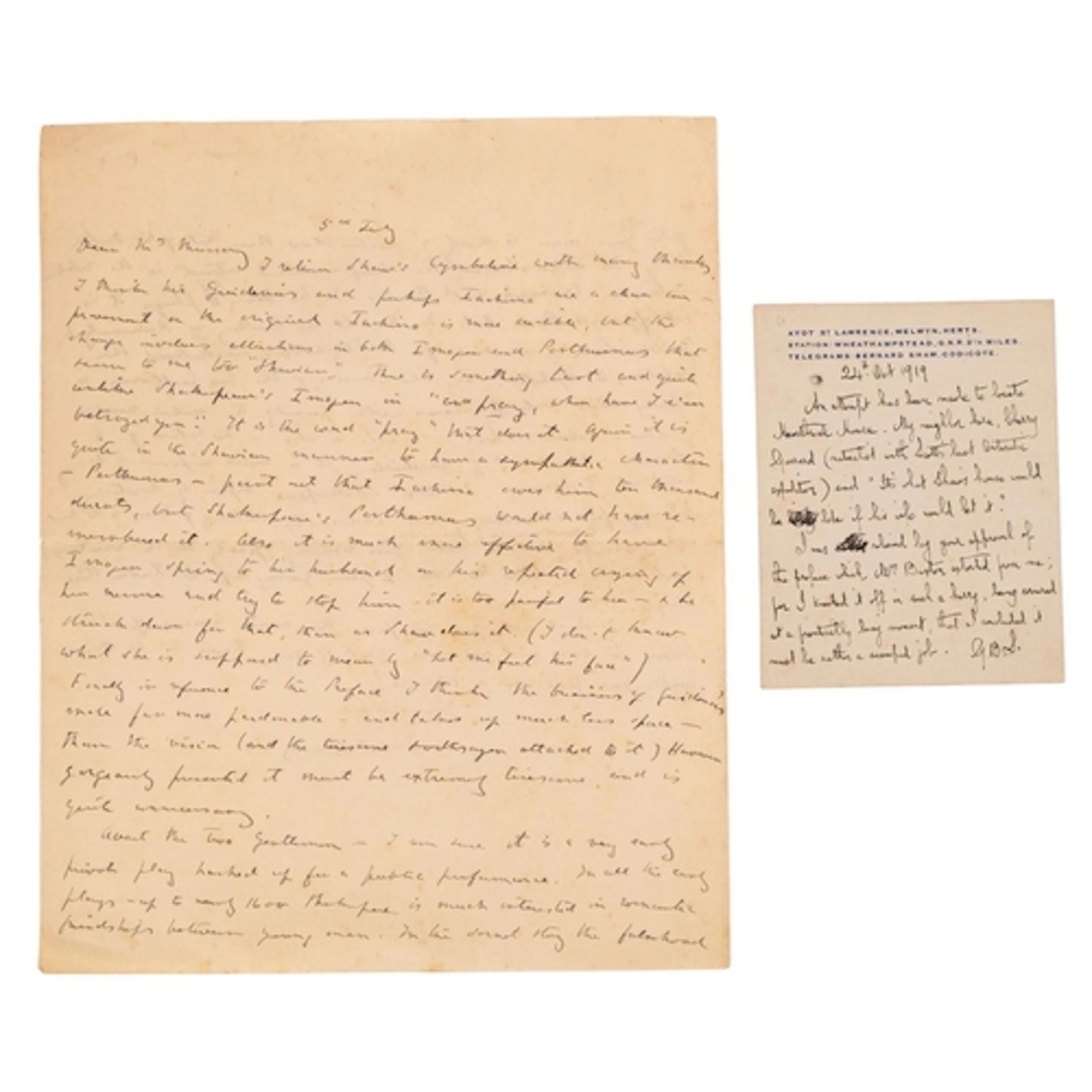 SHAW, George Bernard. Autograph post-card signed ''G.B.S.'',...
