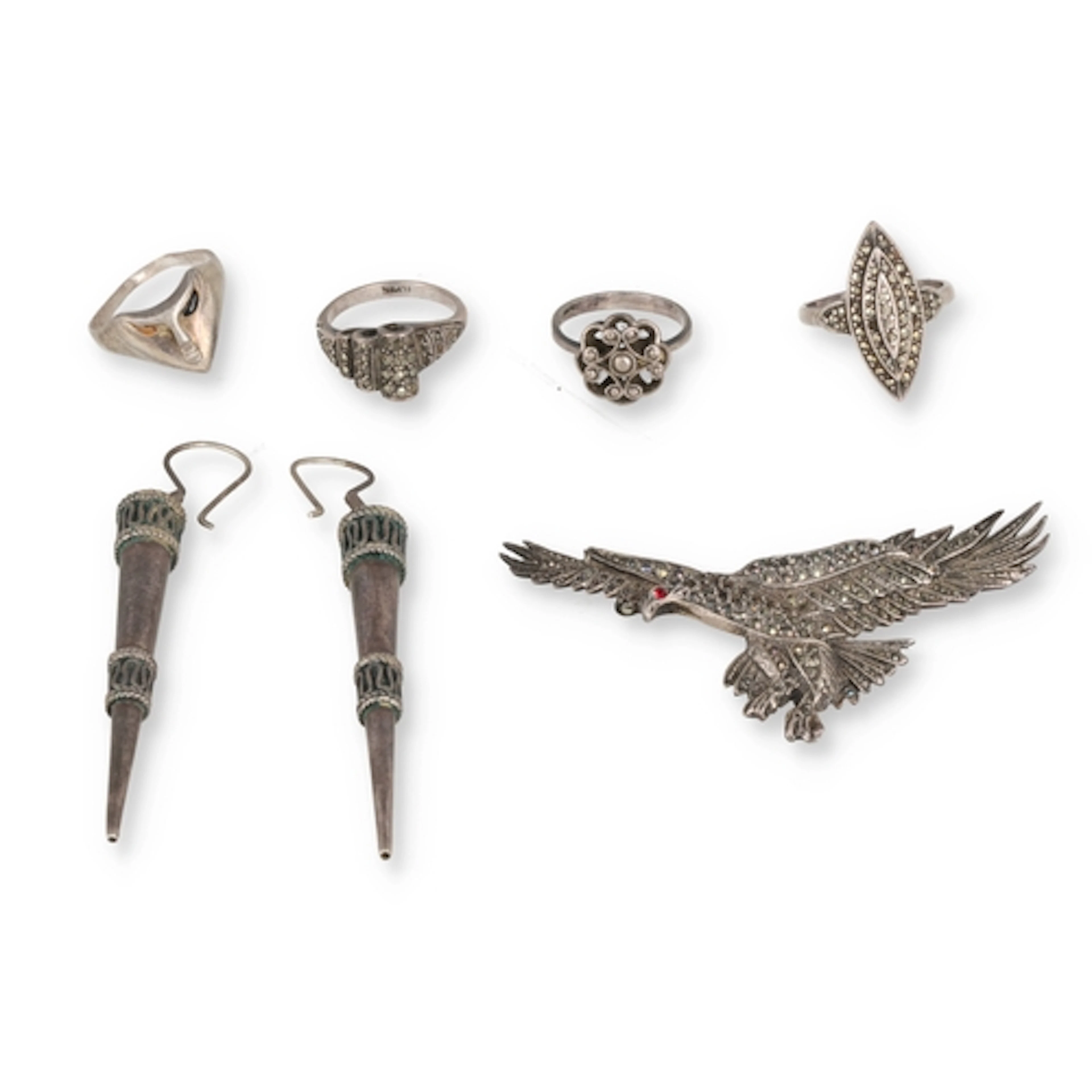 SILVER JEWELLERY TO INCLUDE FOUR RINGS, A PAIR OF EARRINGS A...