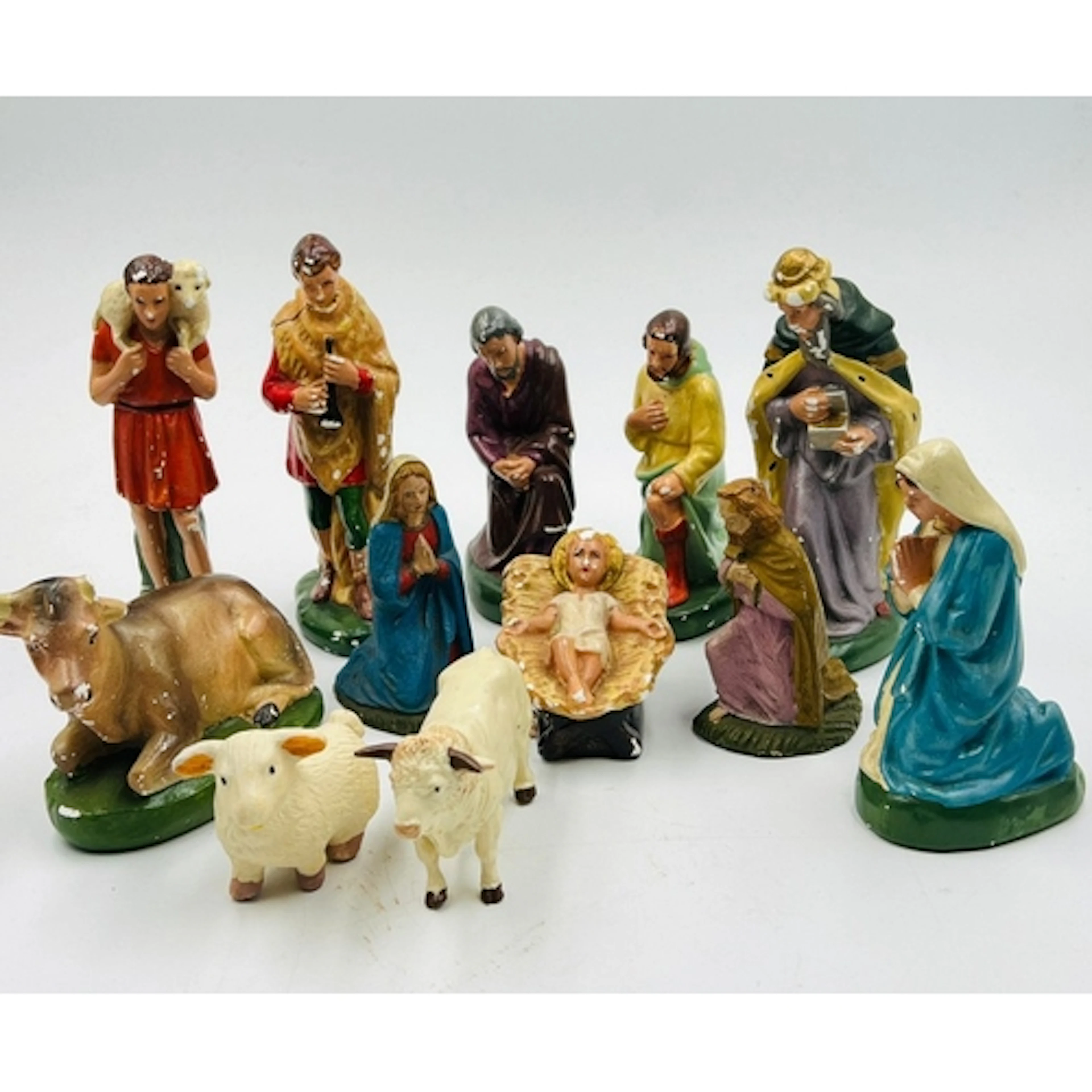 Vintage nativity set featuring had panted figures including ...
