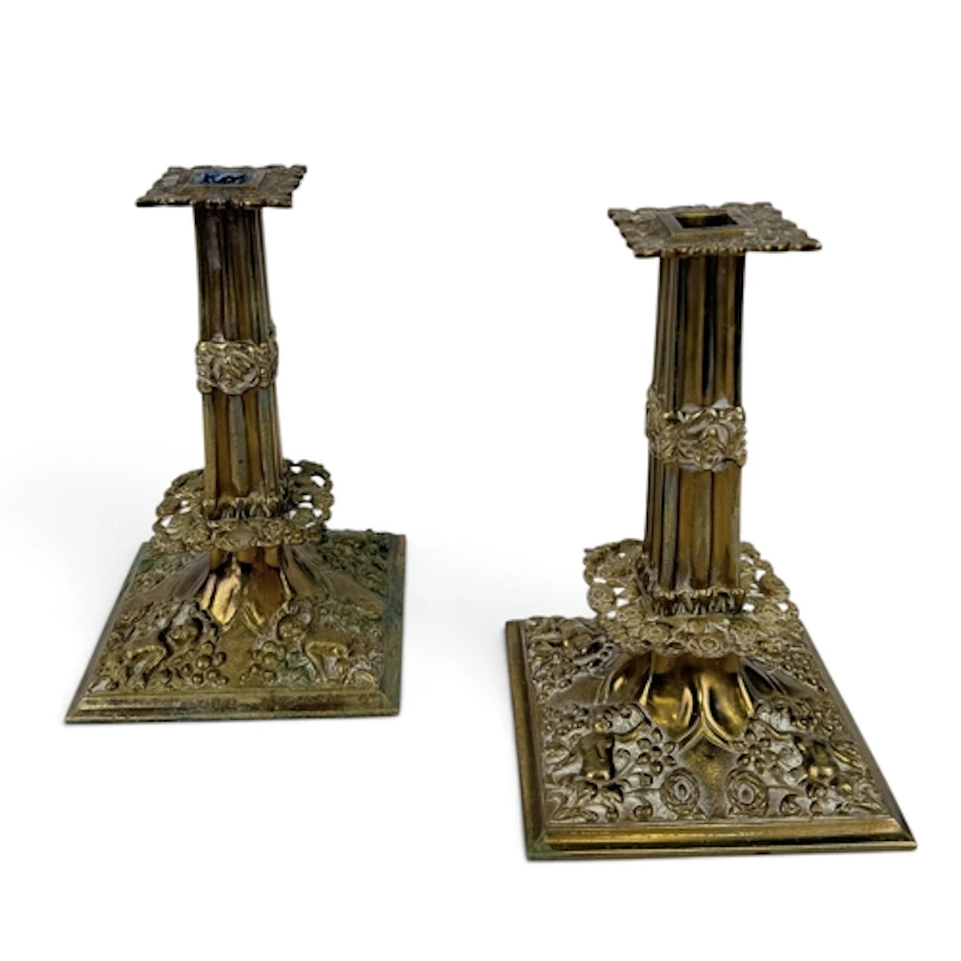 A PAIR OF FRENCH BRASS CANDLESTICKS 21cm x 13cm x 13cm...