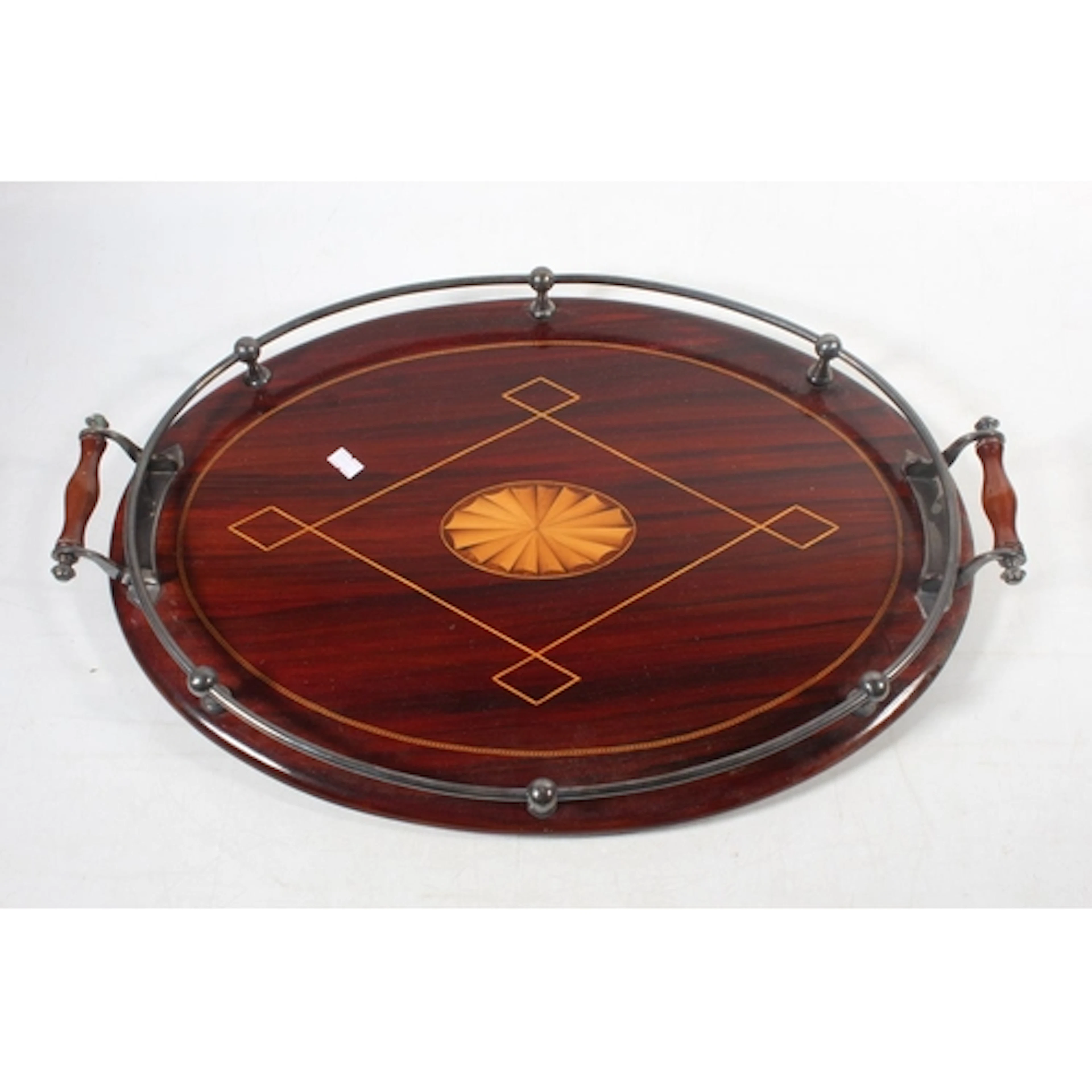 Sheraton revival mahogany and inlaid oval tray with silver-p...