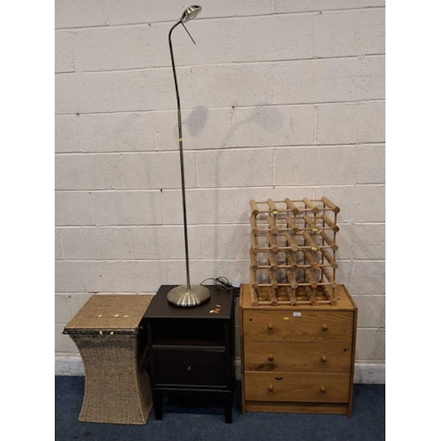 A MODERN PINE THREE DRAWER CHEST, a single drawer bedside, a...