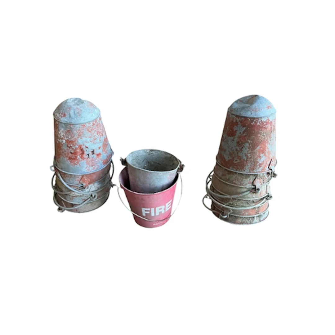 A selection of galvanised metal fire buckets