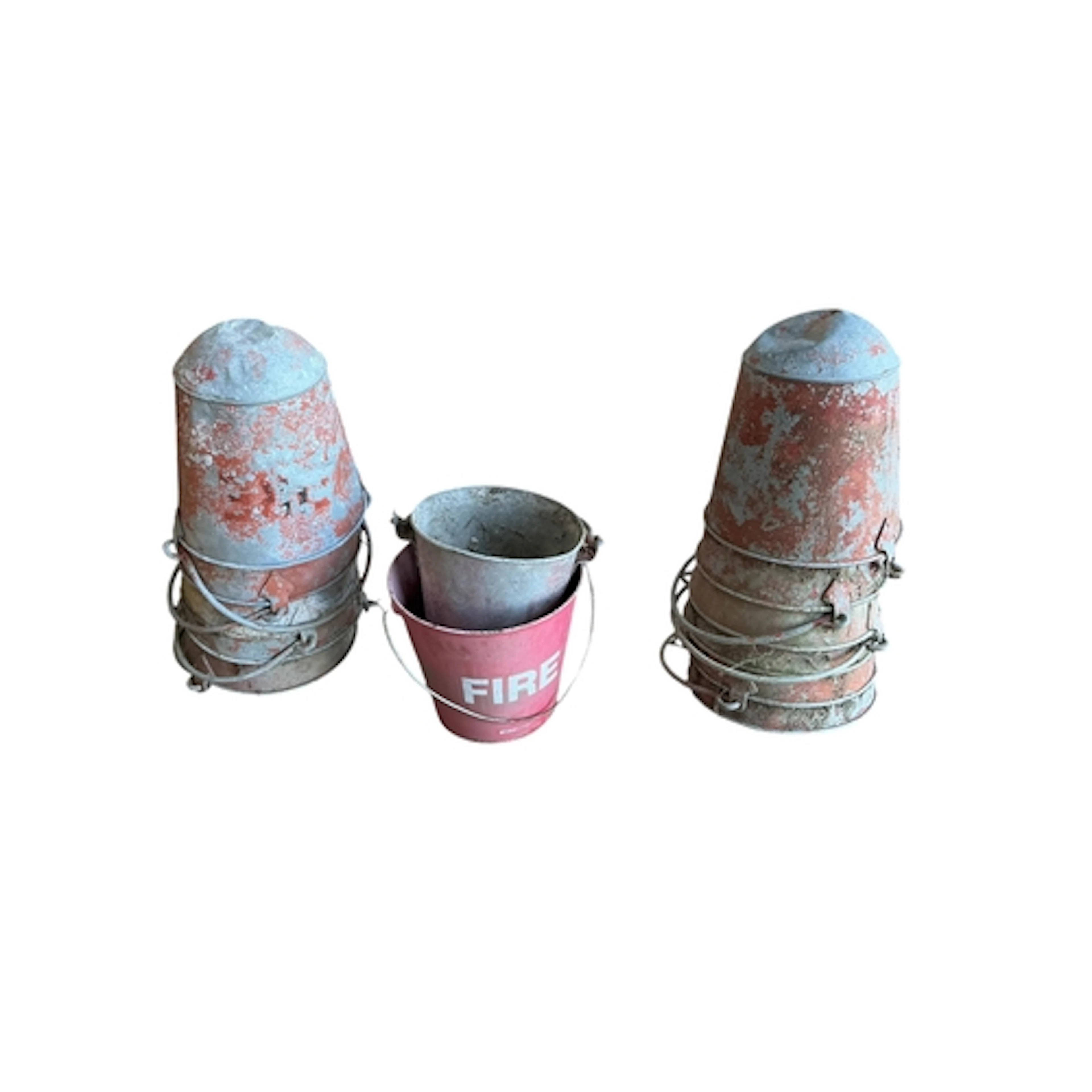 A selection of galvanised metal fire buckets