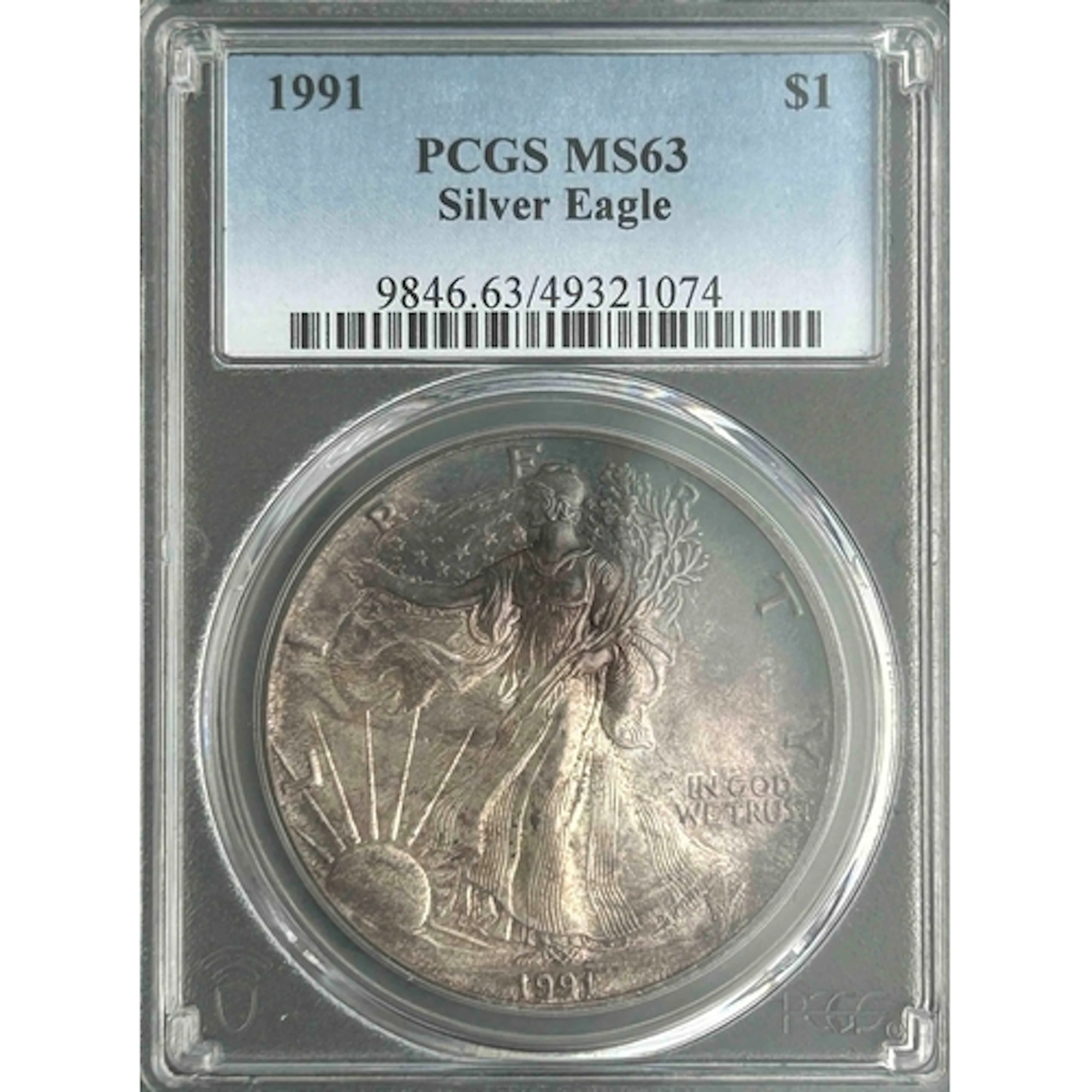 1991 USA $1 silver Eagle coin, slabbed and graded by P.C.G.S...