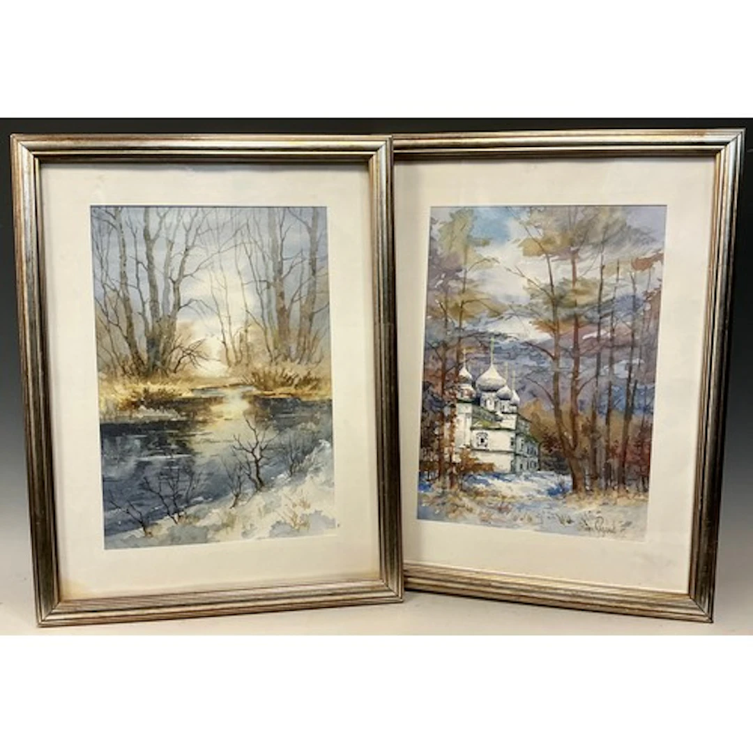 Russian school A pair, A Church in Winter, and a woodland p...