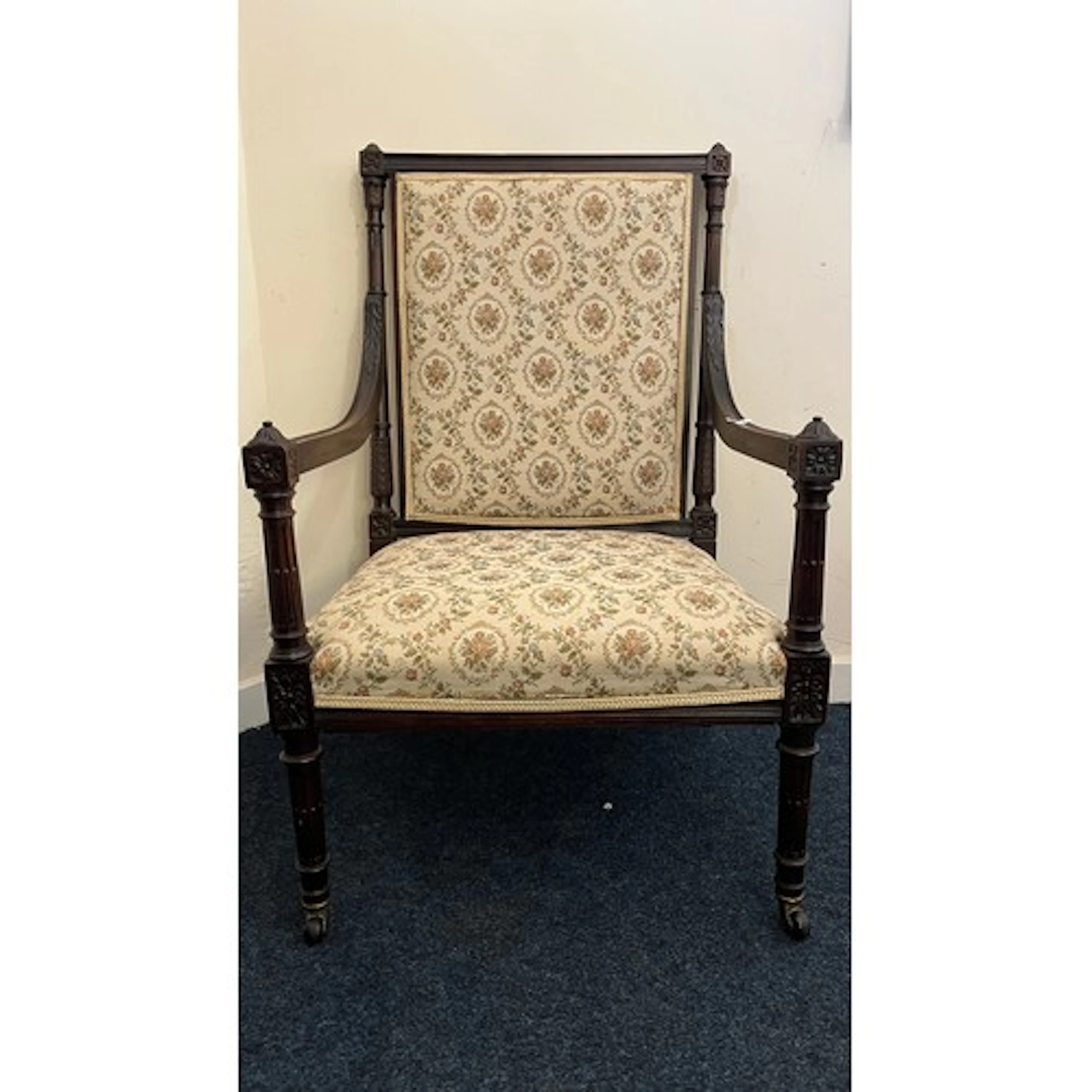 Edwardian Empire style mahogany open armchair, cushioned pan...