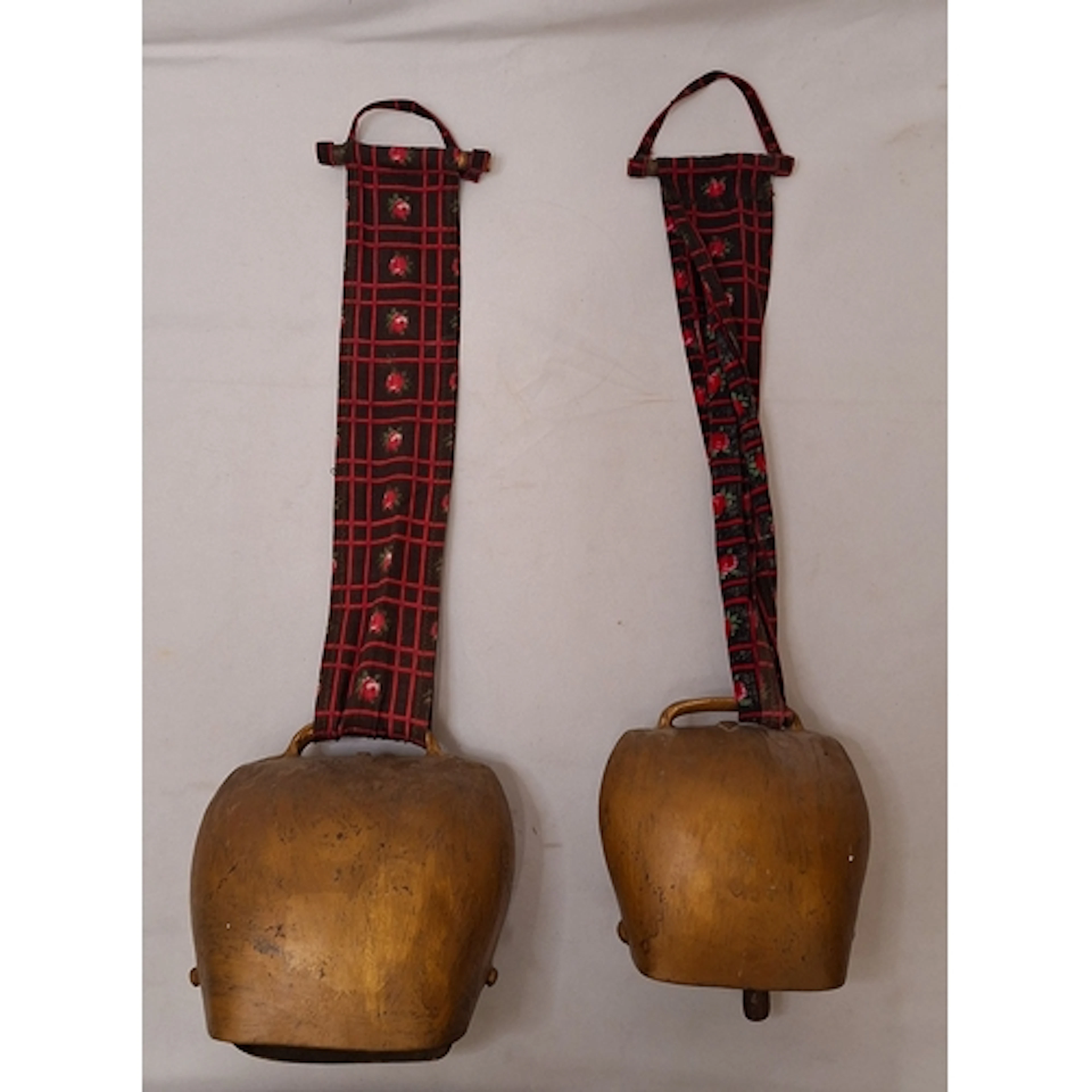 2 Large Vintage Cow Bells strung with black/red rose printed...