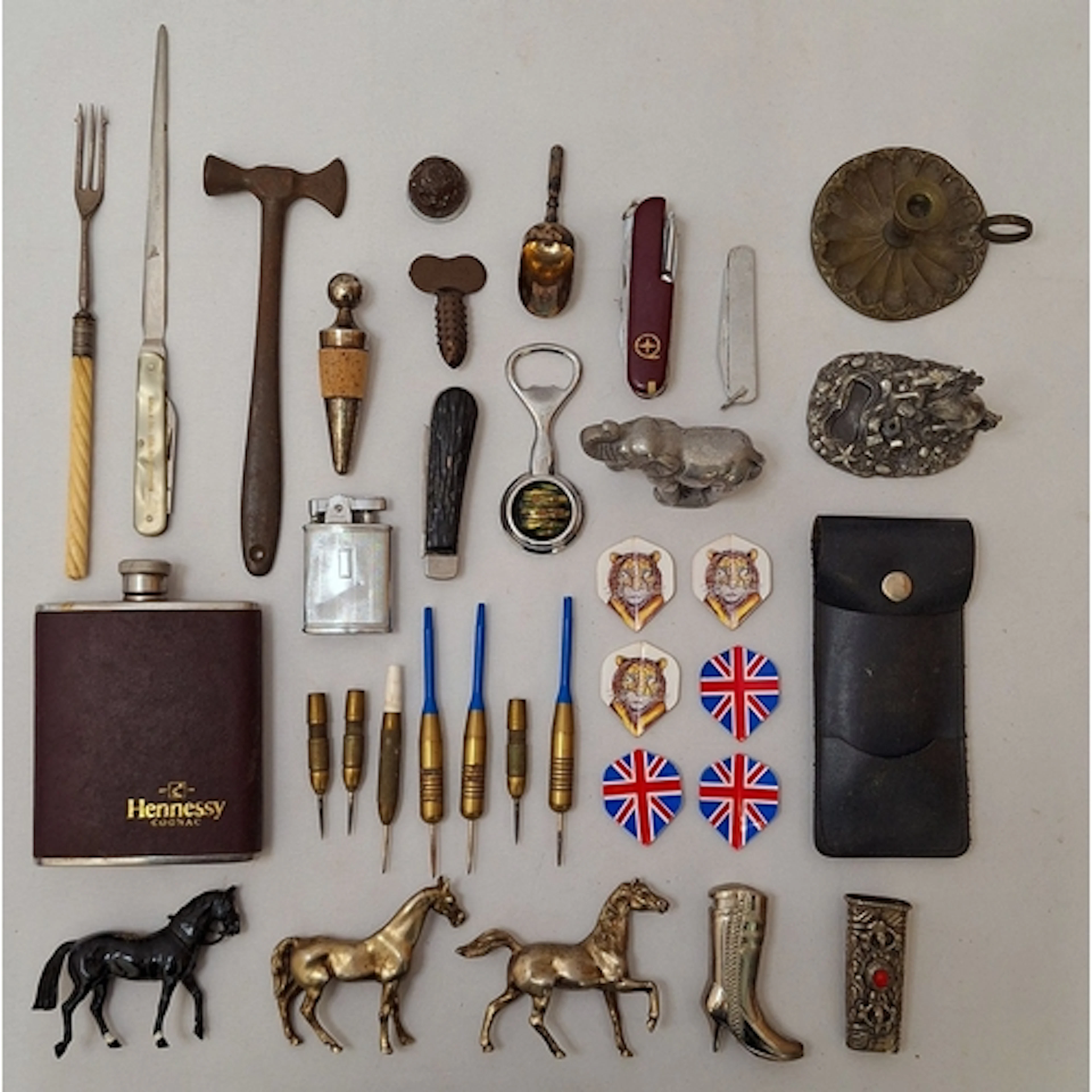 Miniature Brass Chamber Stick, bone handled pickle fork, Uni...