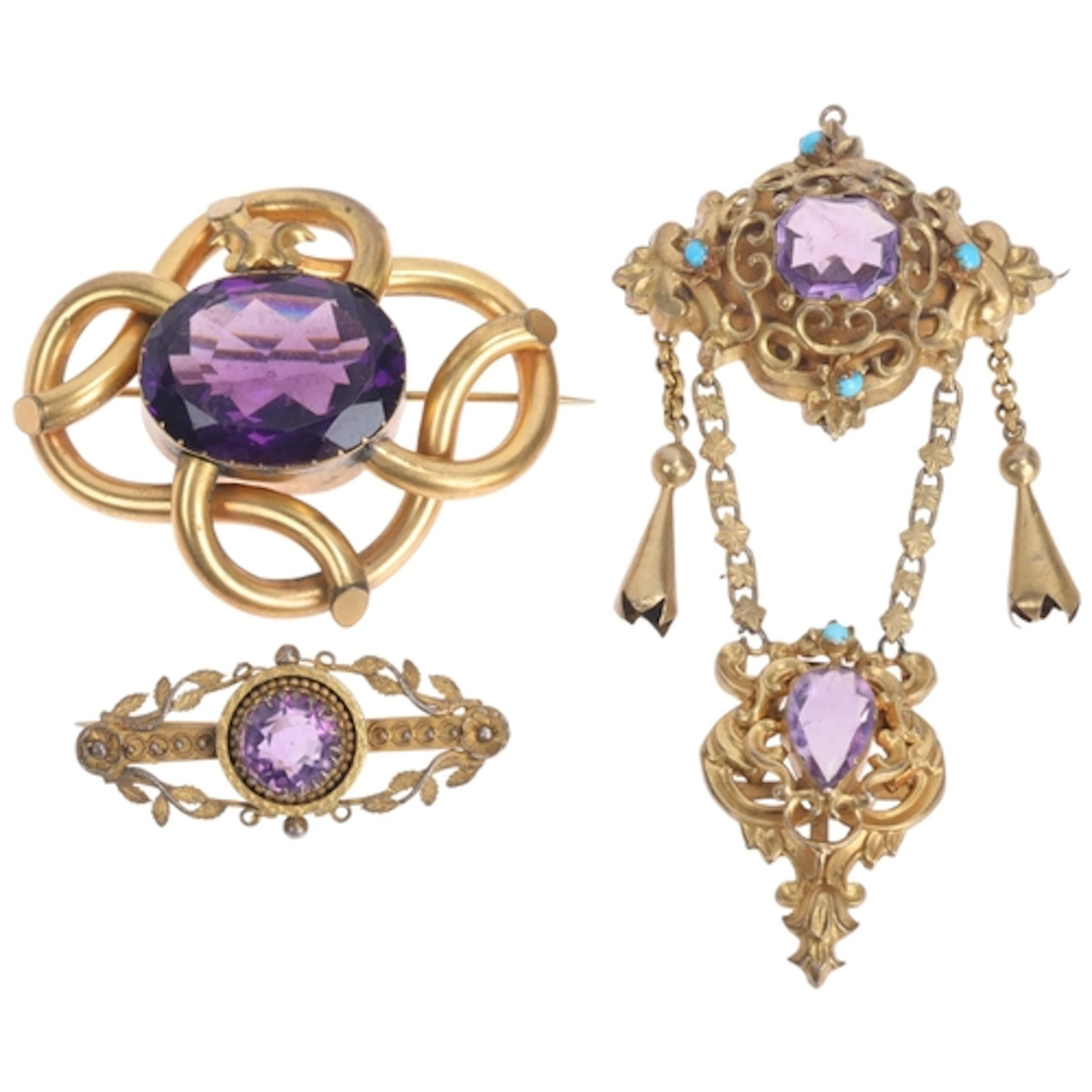 3 Antique Victorian gilt-metal amethyst brooches, knot brooc...