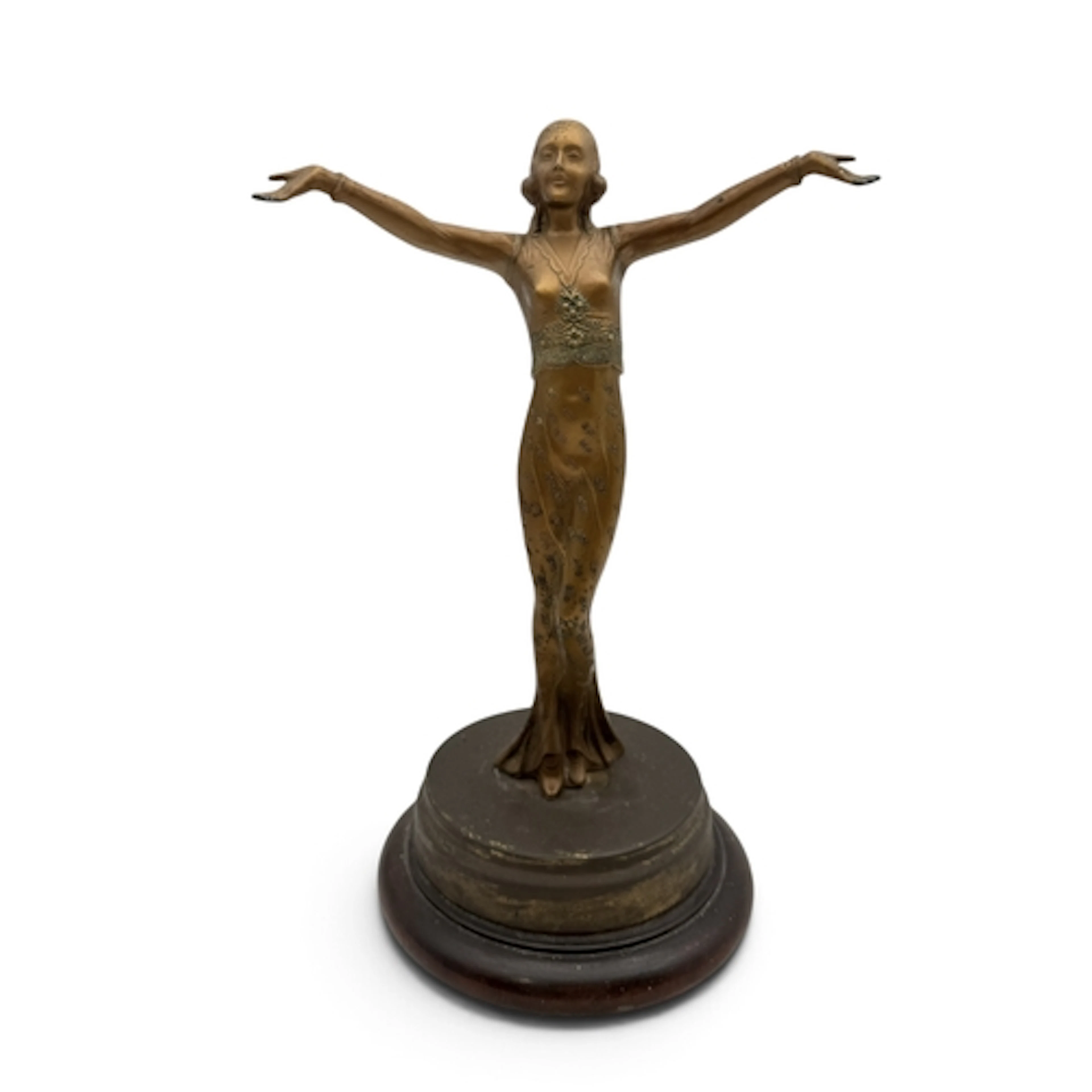 AN ART DECO STYLE BRASS SCULPTURE OF A DANCER On brass and w...