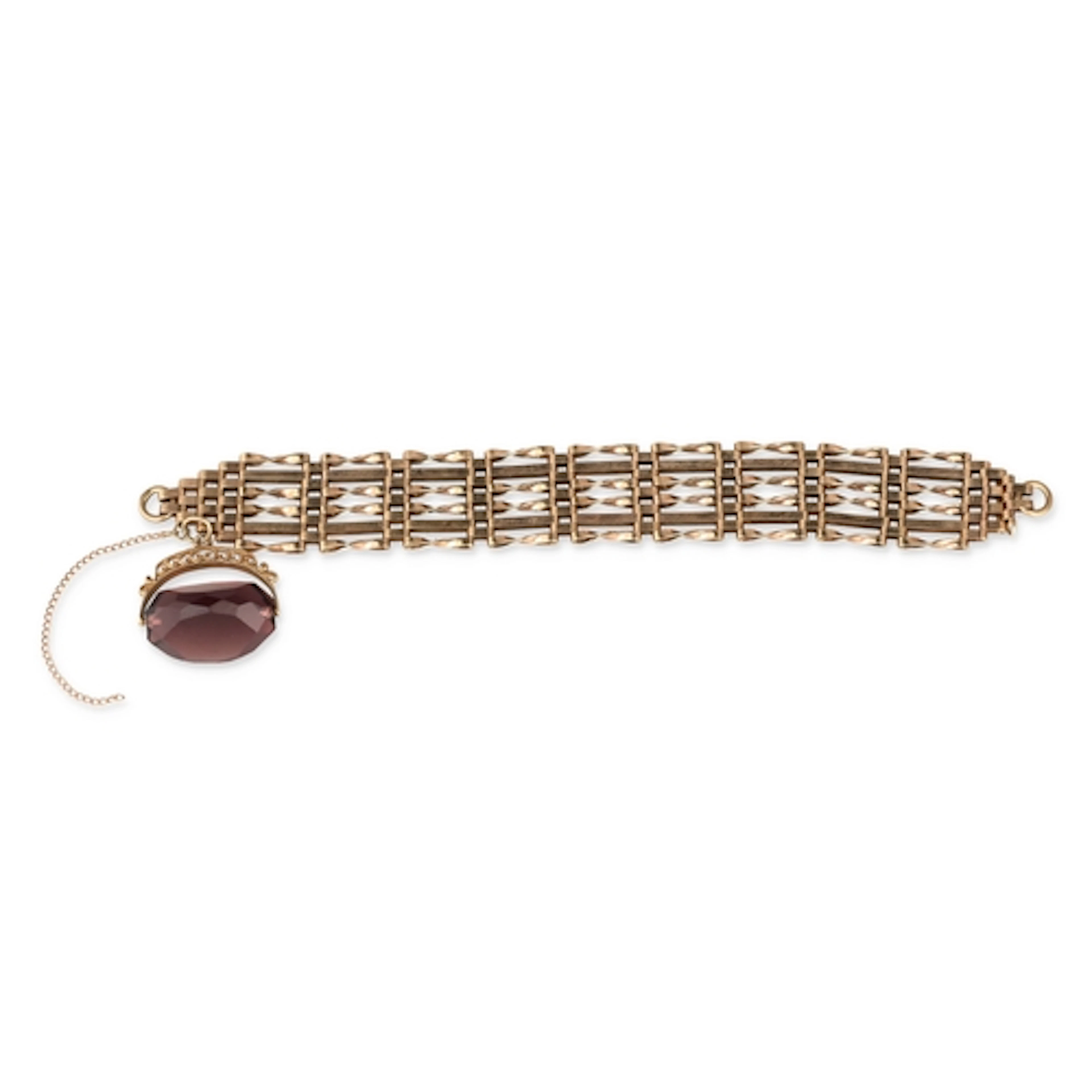 A 9 CARAT GOLD GATE-LINK BRACELET WITH AMETHYST FOB Gross we...