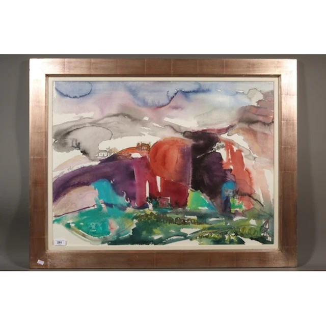 DEIRDRE EDWARDS, untitled landscape scene, watercolour paint...