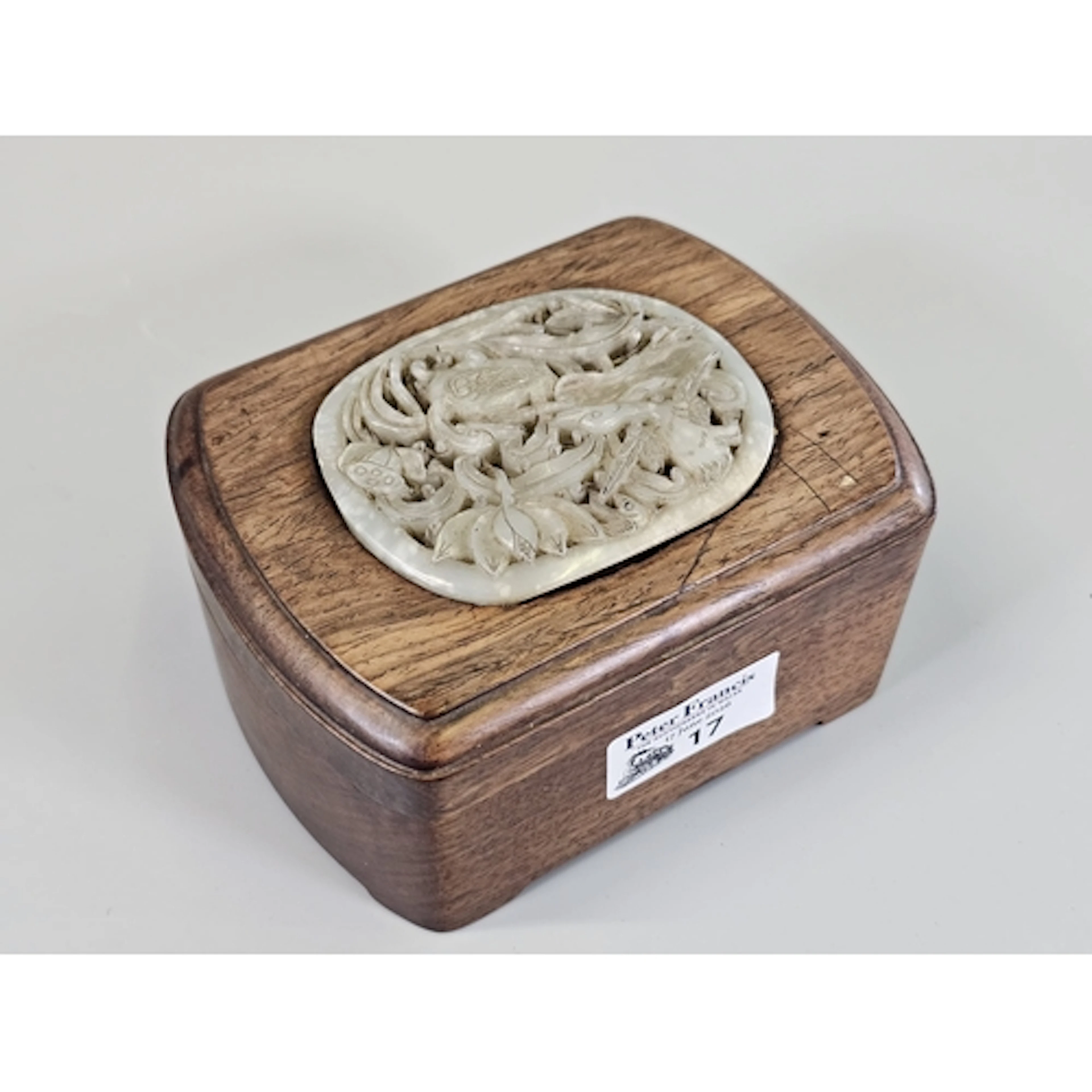 Chinese hardwood box and cover with inset carved green hards...