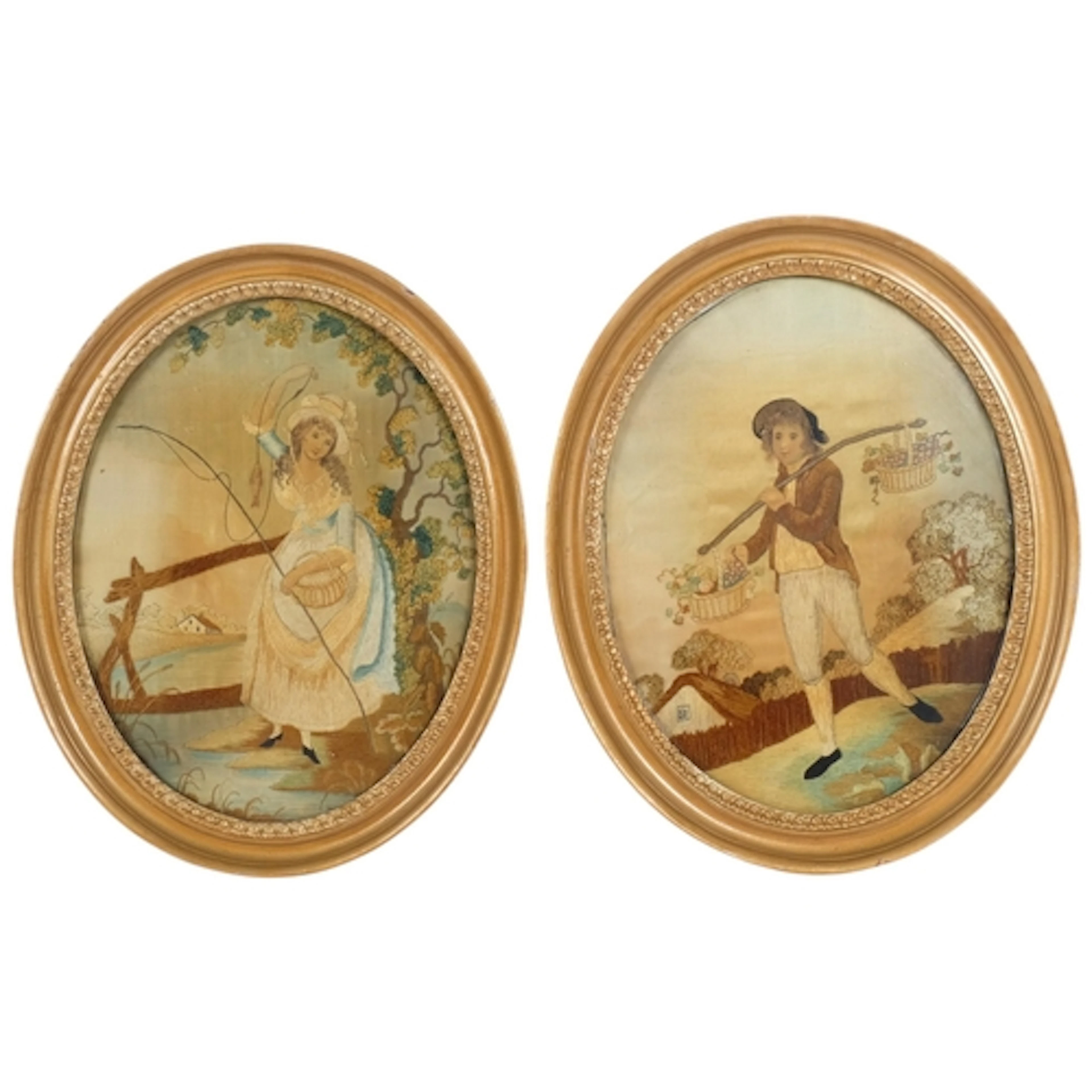A pair of 19th century hand embroideries, study of forager a...