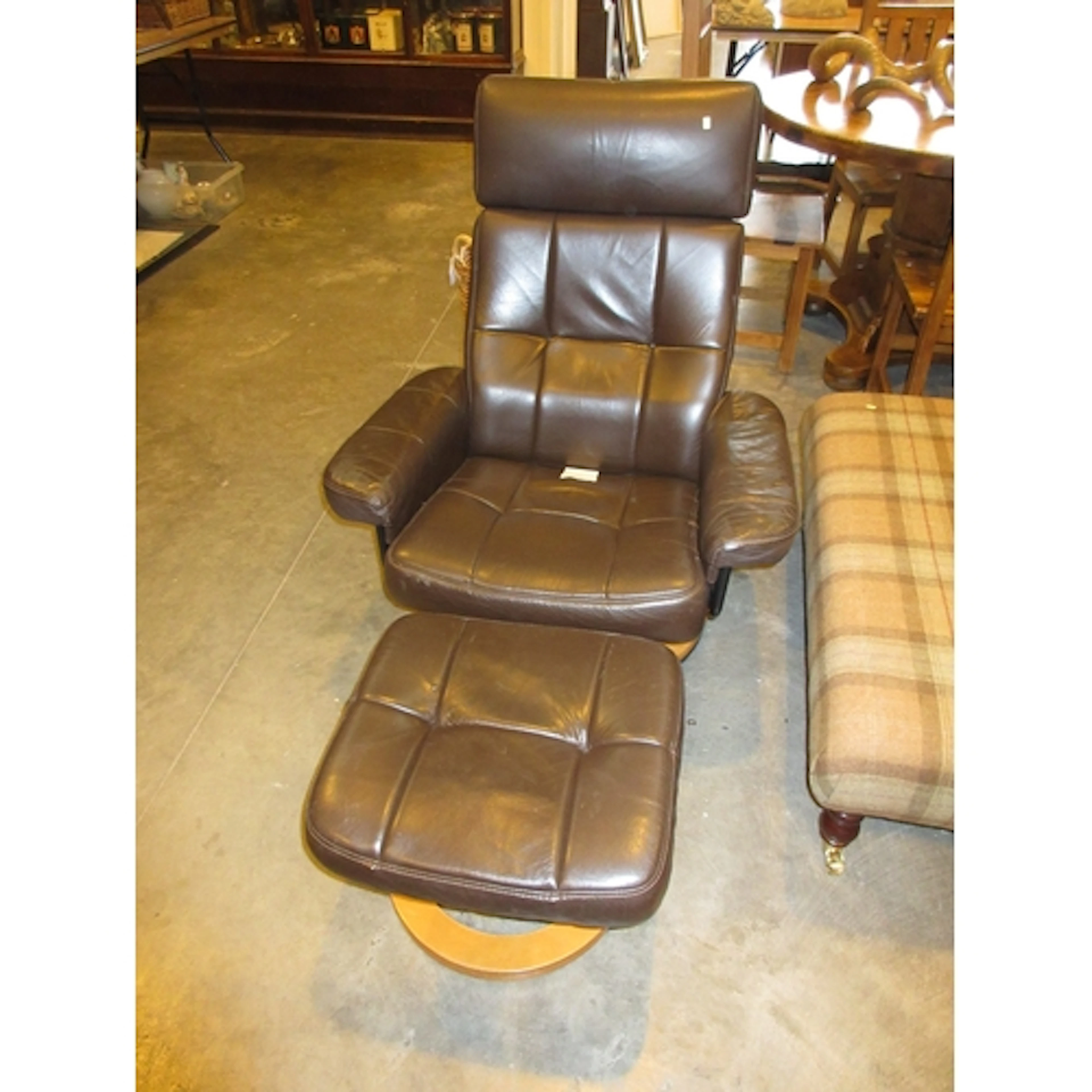 Brown Leather Lounge Chair with Stool