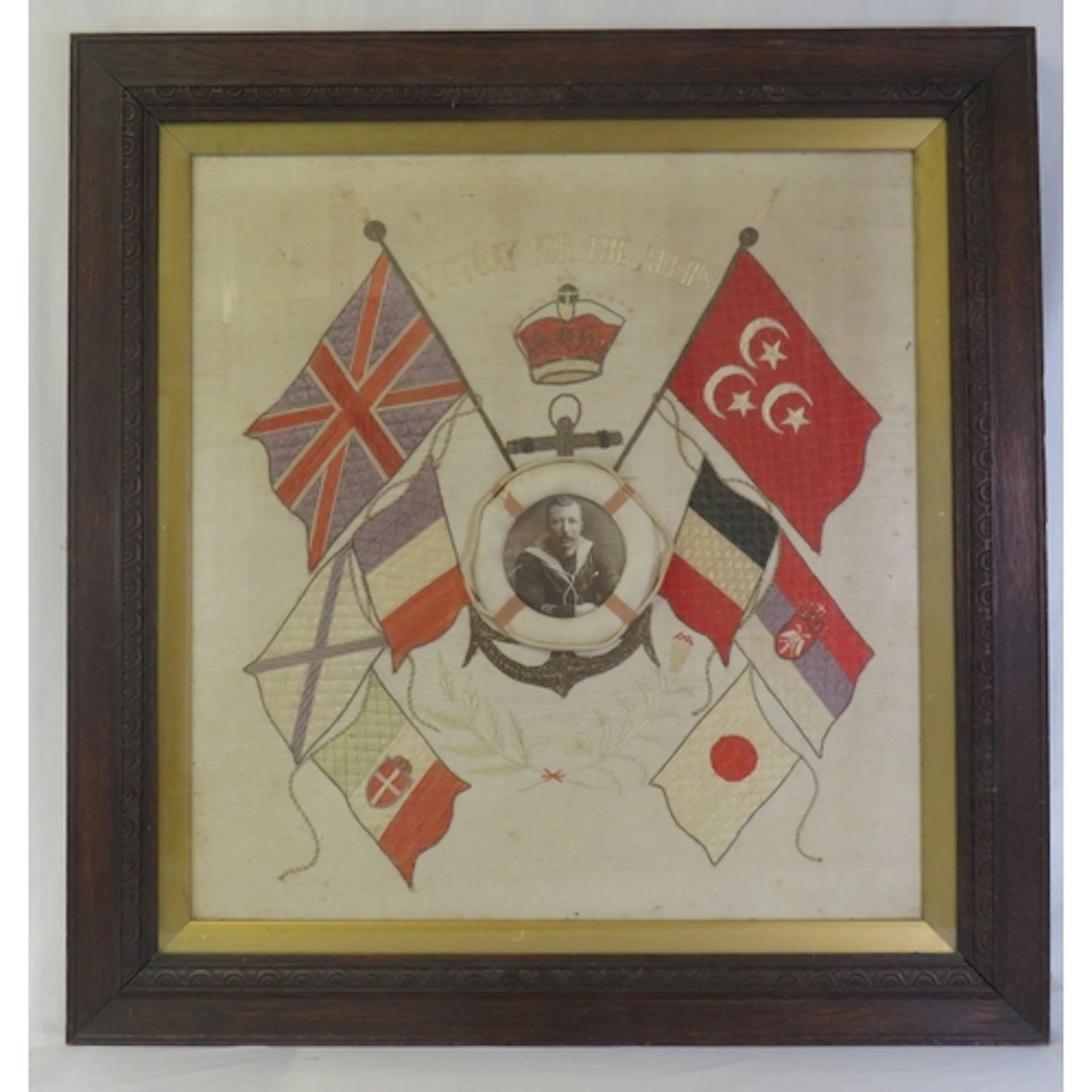 F/g Antique Great War Memorial Embroidery with photograph of...