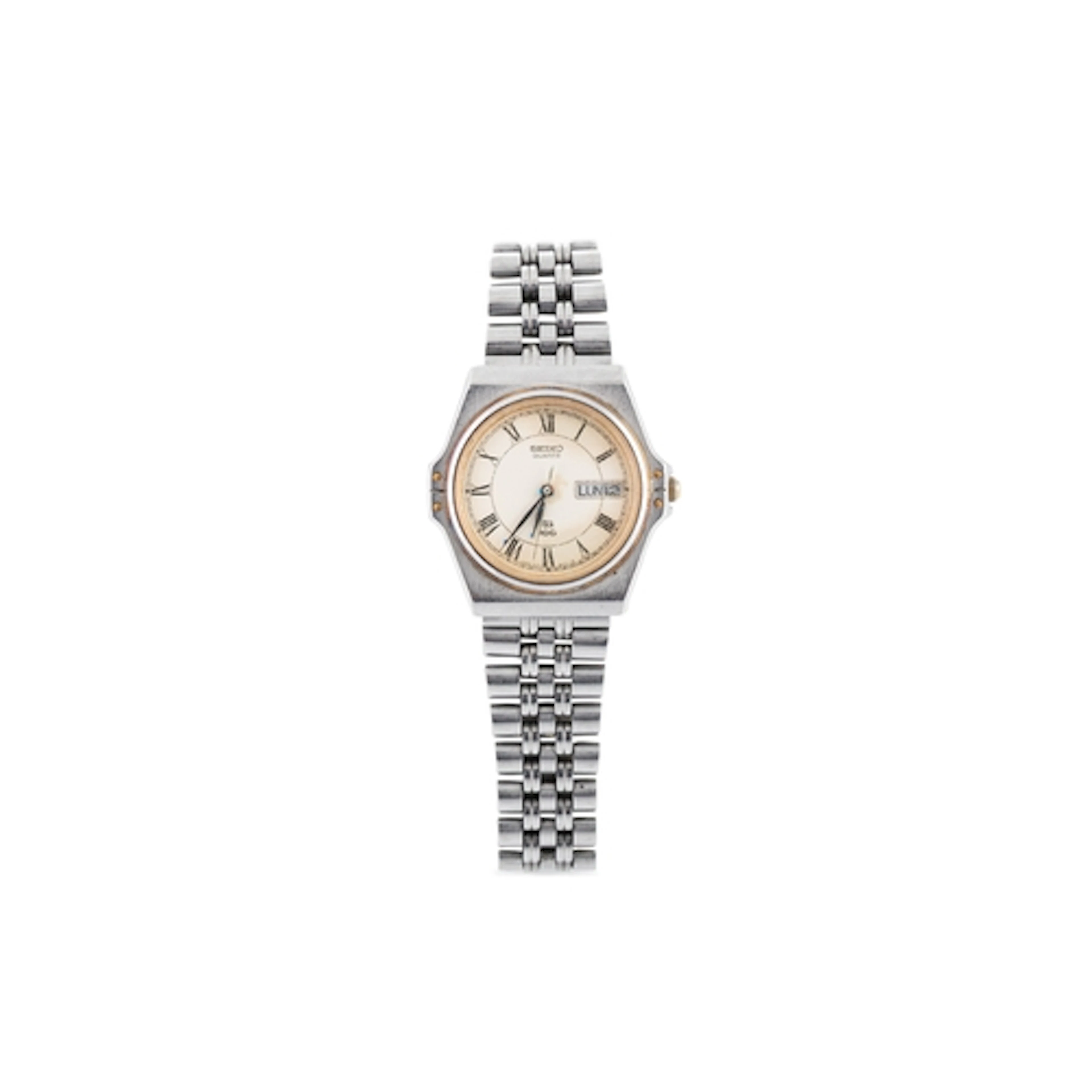 A VINTAGE SEIKO DAY-DATE WRIST WATCH, stainless steel, chron...