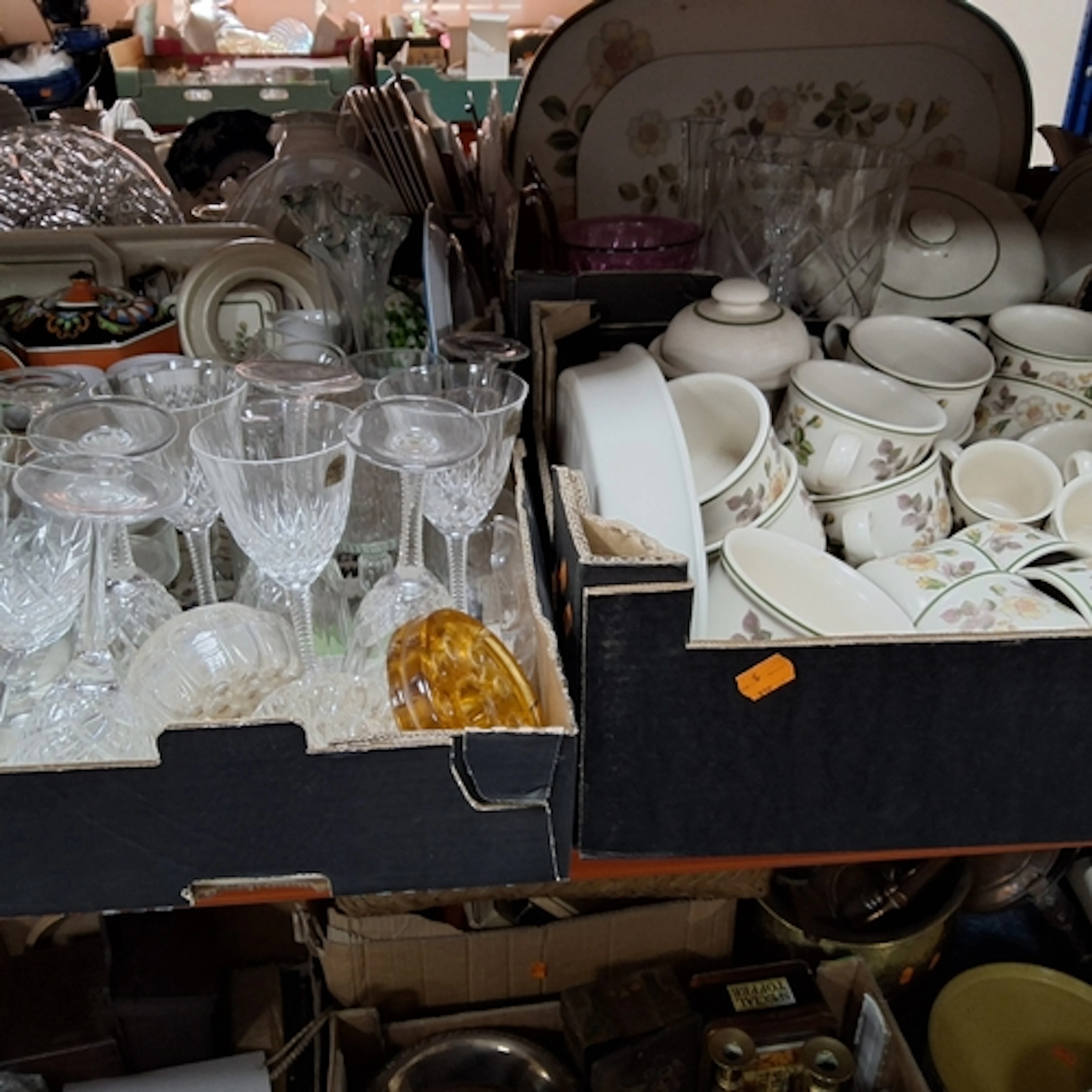 FIVE BOXES AND LOOSE MIXED CERAMICS AND GLASS to include a b...