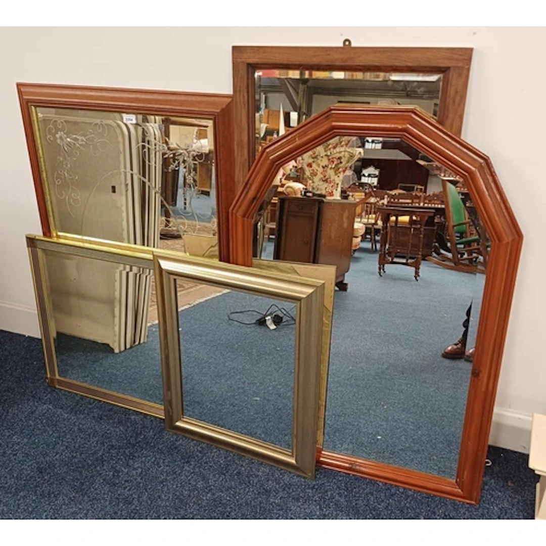 MAHOGANY FRAMED MIRROR WITH ETCHED DECORATION & VARIOUS OTHE...