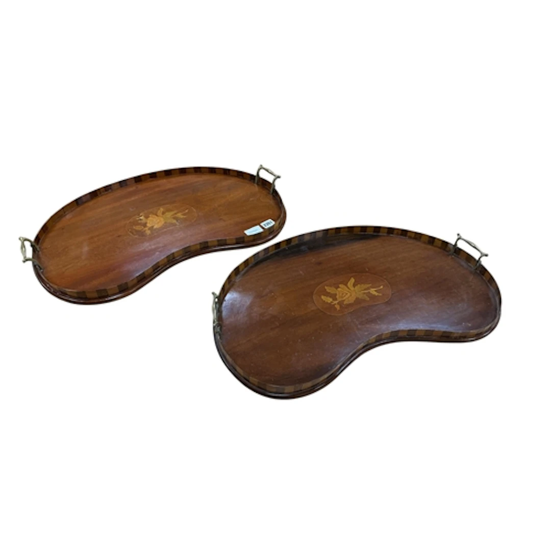 A pair of Edwardian marquetry inlaid mahogany kidney shaped ...