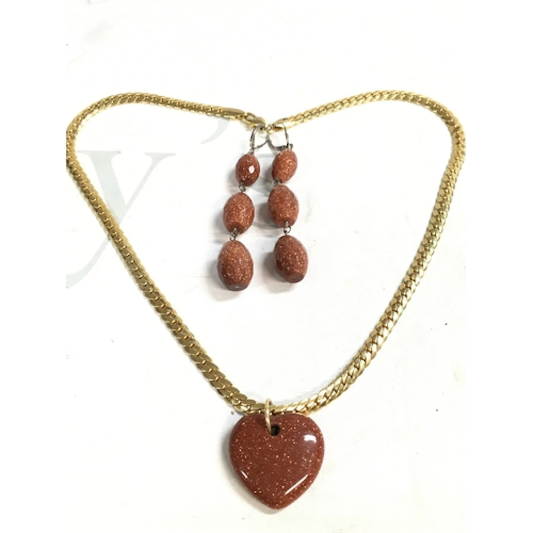 Goldstone heart pendant on chain, pair of goldstone earrings...