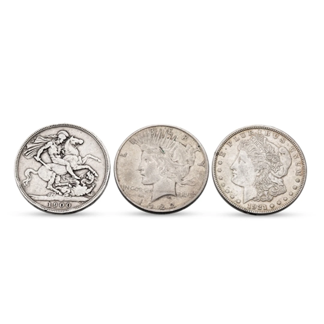 A VICTORIAN SILVER CROWN, 1900, a USA silver one dollar 1921...