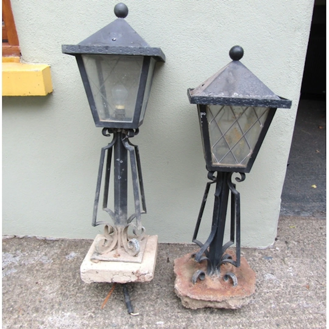 Pair of Wrought Metal Pillar Lanterns Electrified Working Or...