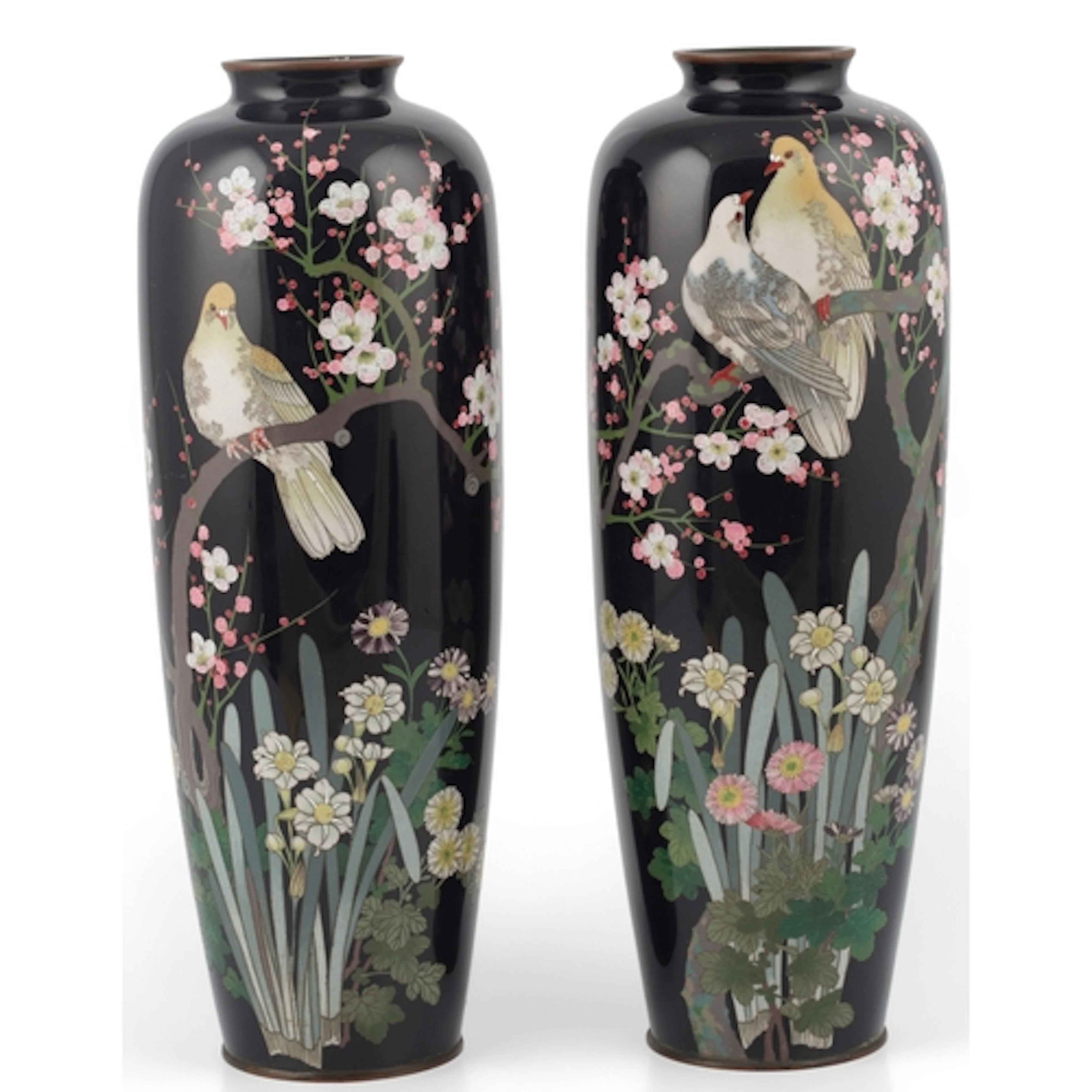 A pair of Japanese silver wire cloisonné enamel vases, Meiji...