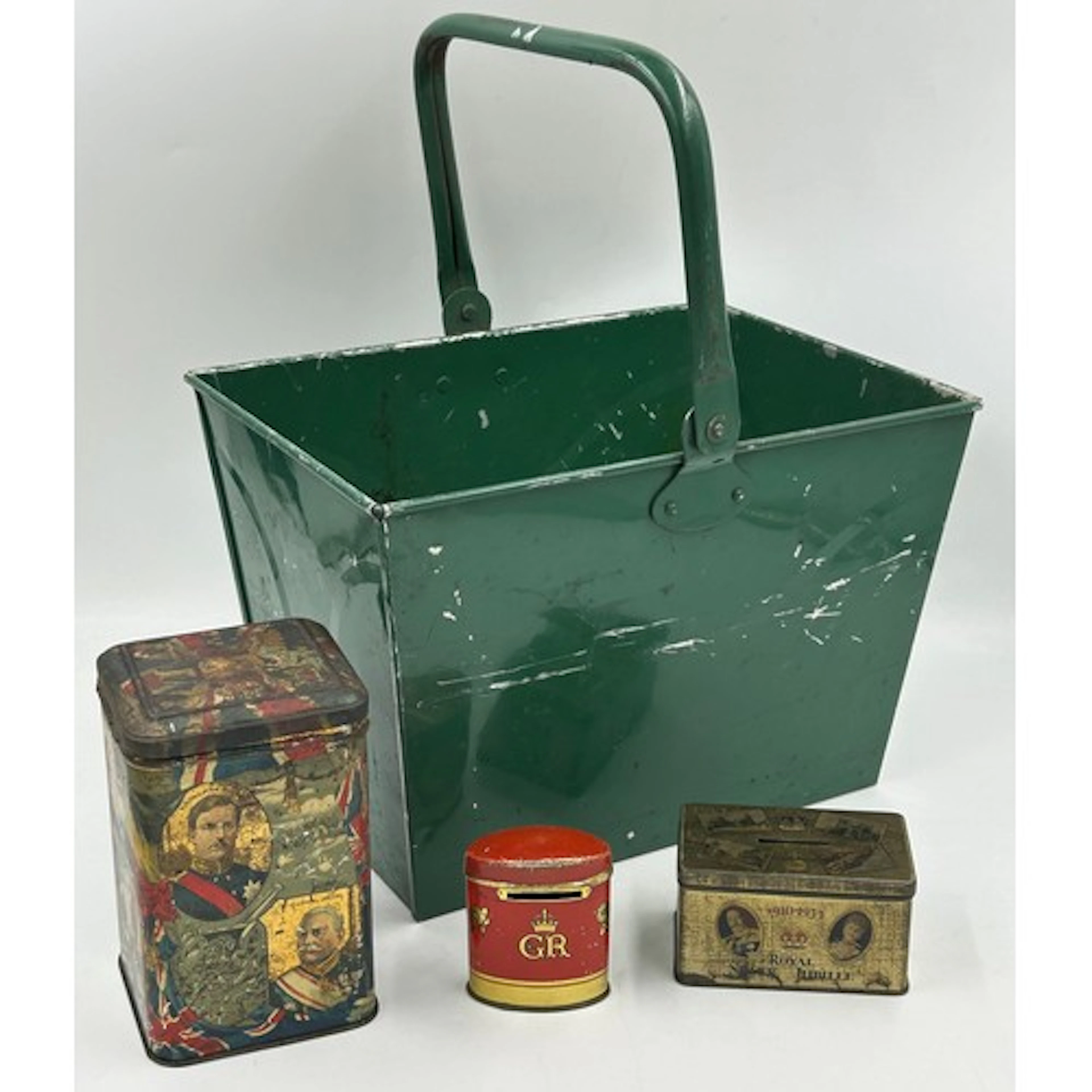 A large green metal swing handled basket/trug 41 h x 31 w x ...