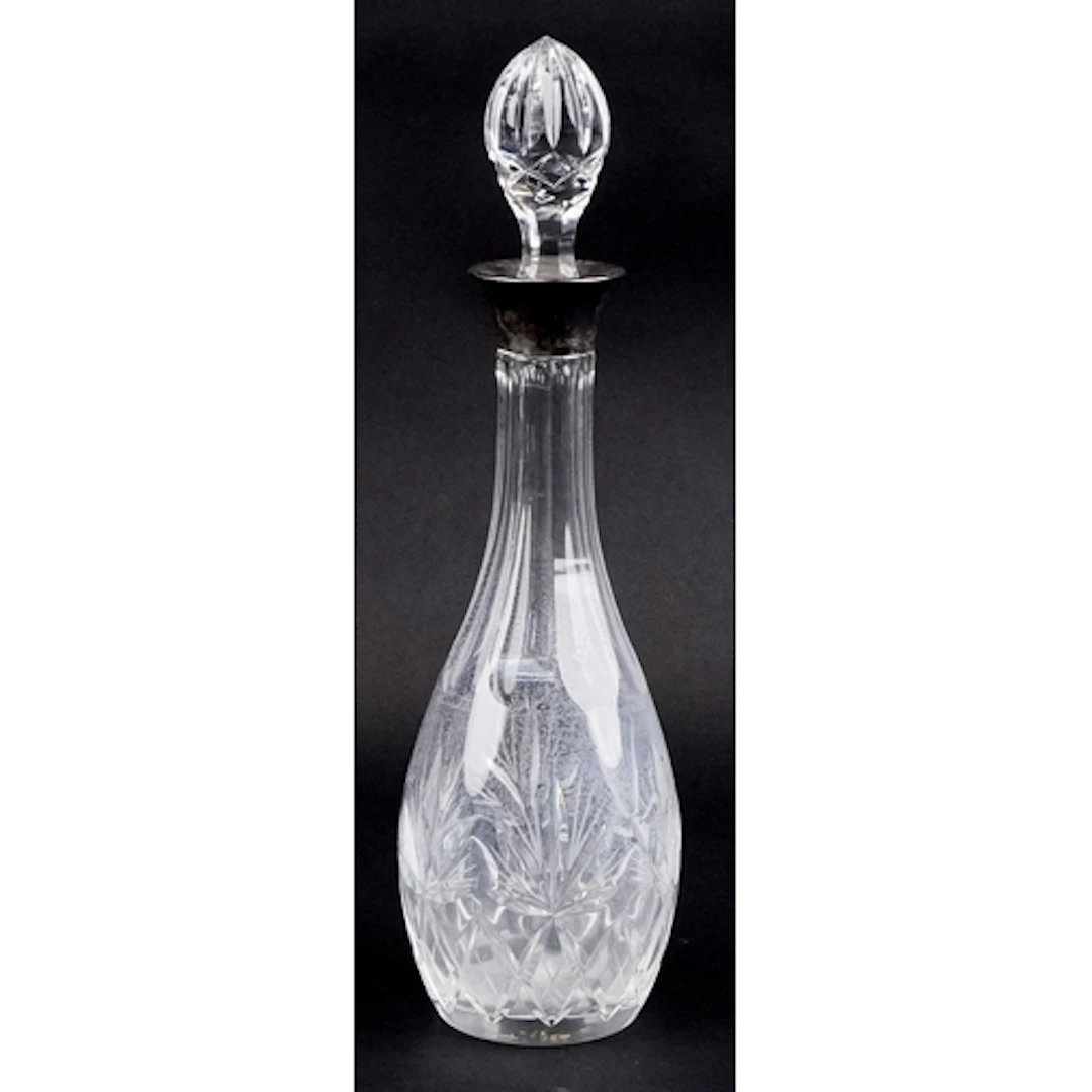Cut glass decanter and stopper with silver collar, Birmingha...