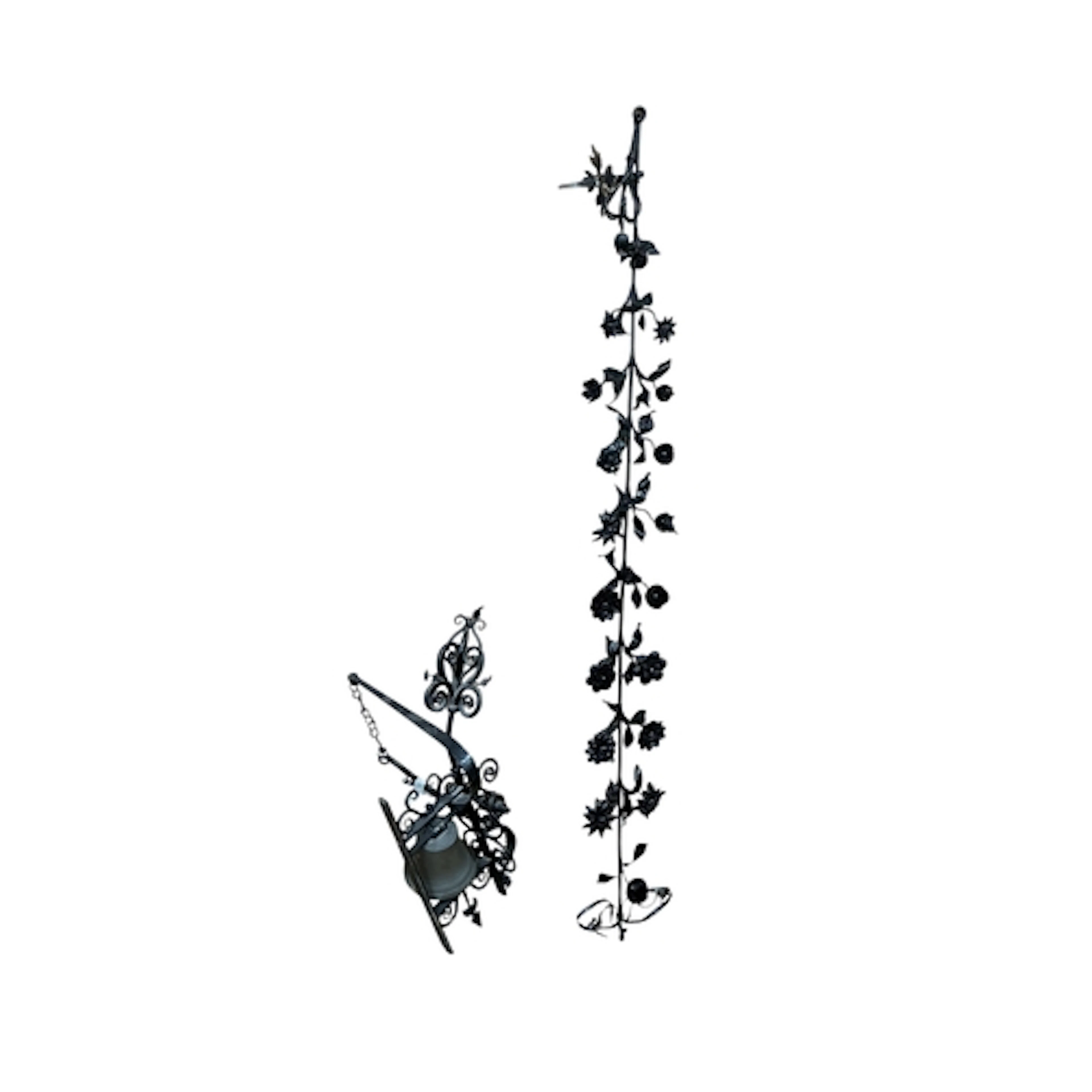 An elaborate wrought-iron bell pull with bell, black-painted...