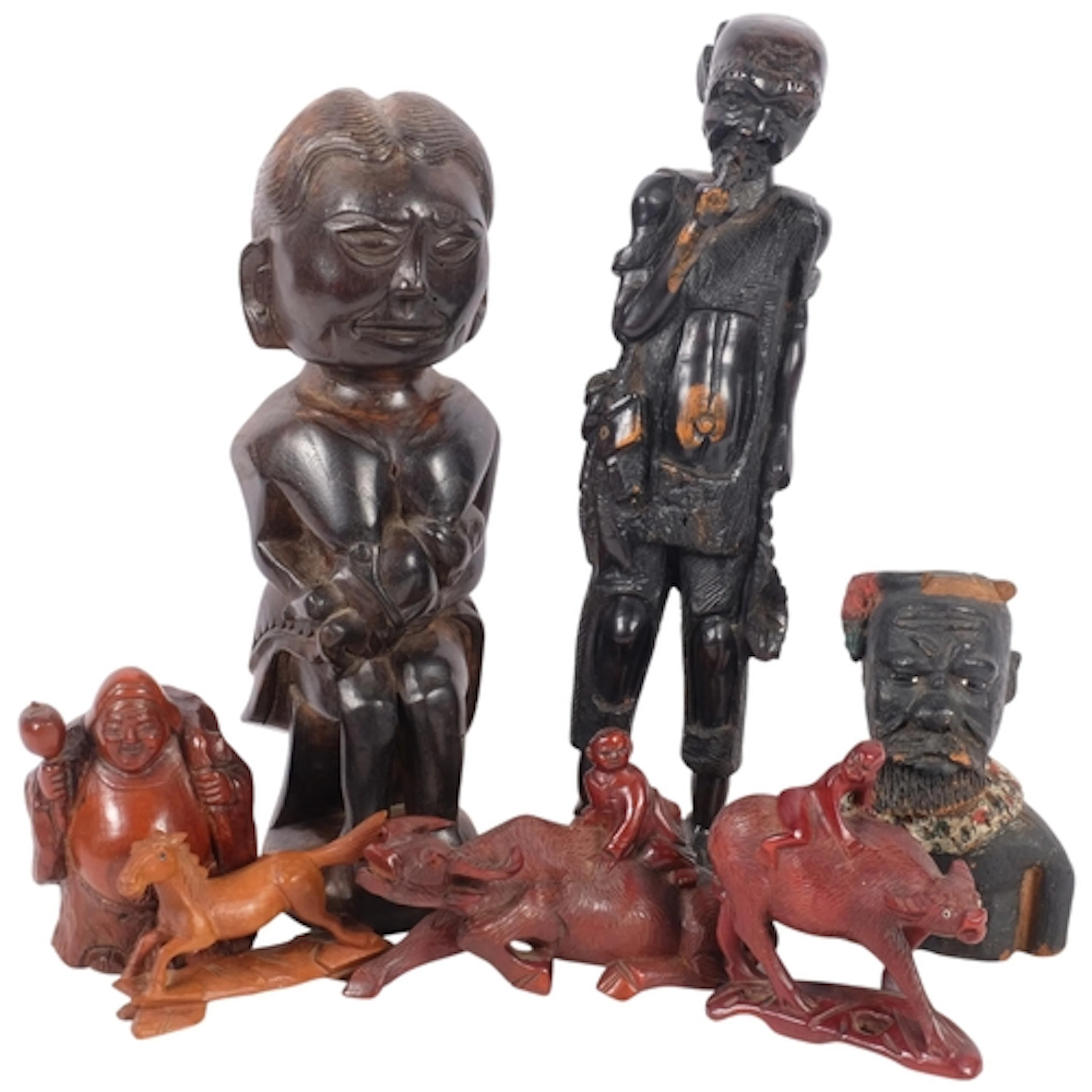 2 African Tribal carved wood figures, a hand sculptured terr...