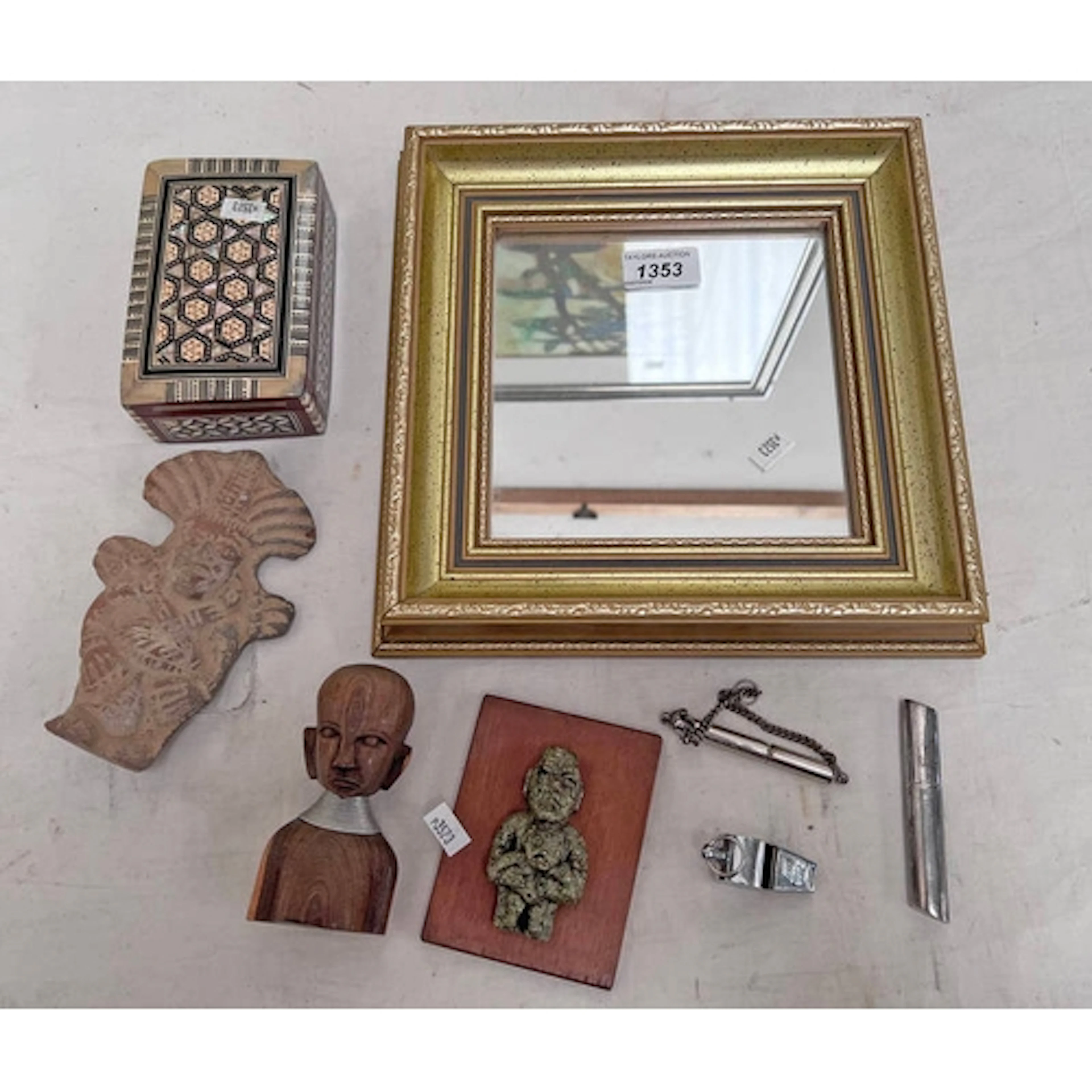 GILT FRAMED MIRROR, MOTHER OF PEARL INLAID BOX, ETHNIC FIGUR...