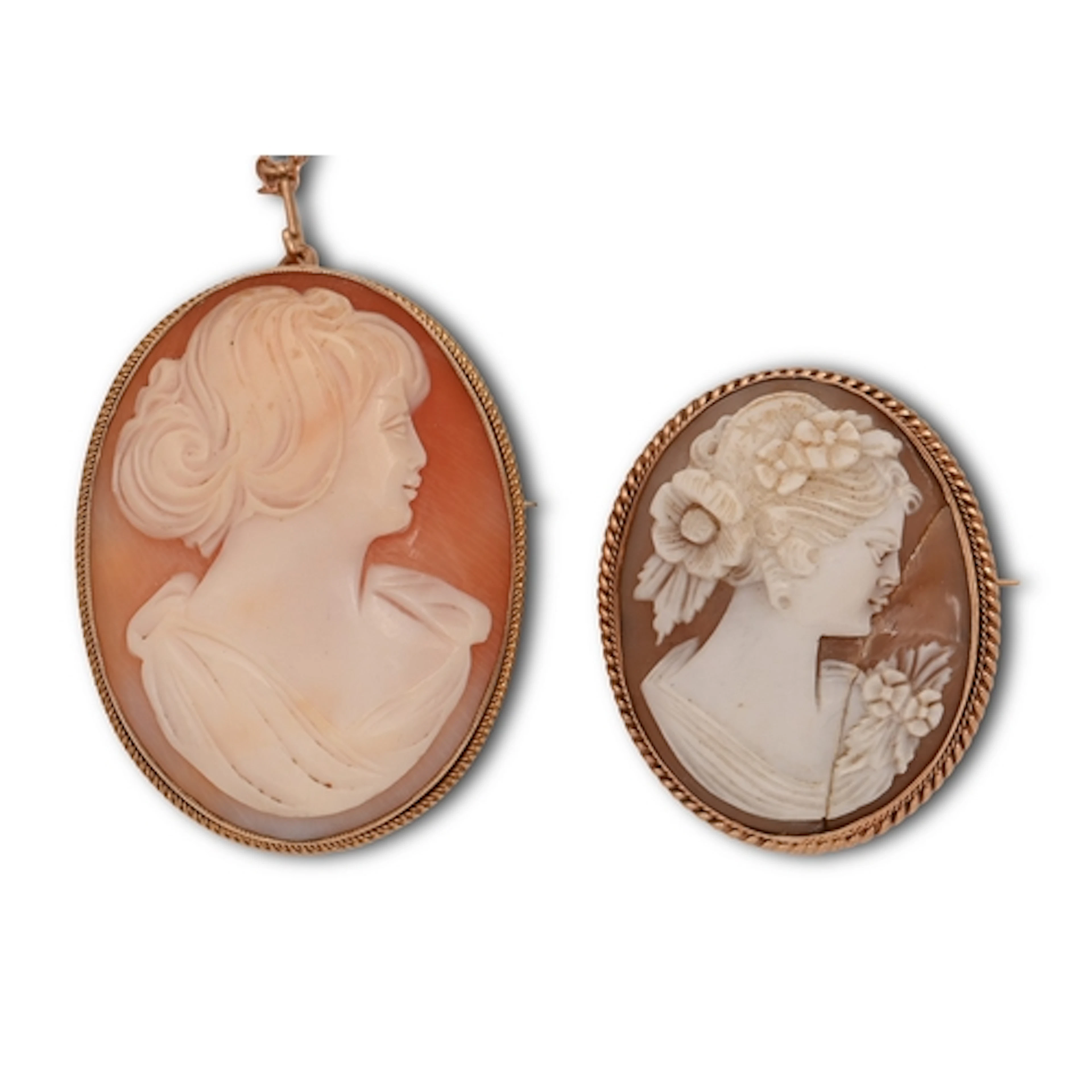Two cameo brooches, in 9ct gold, each oval shell carved with...