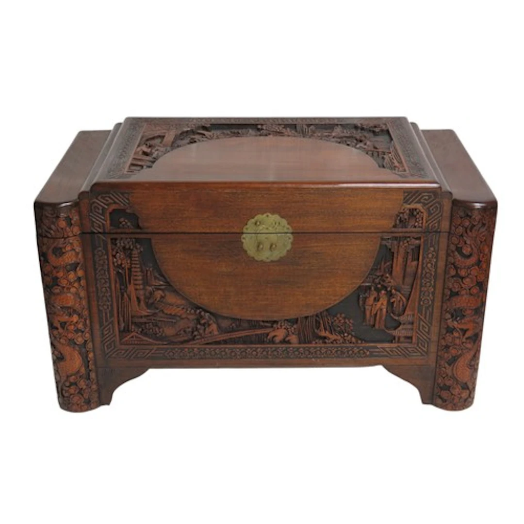 A CHINESE CAMPHOR WOOD TRUNK of typical form, post-war, with...