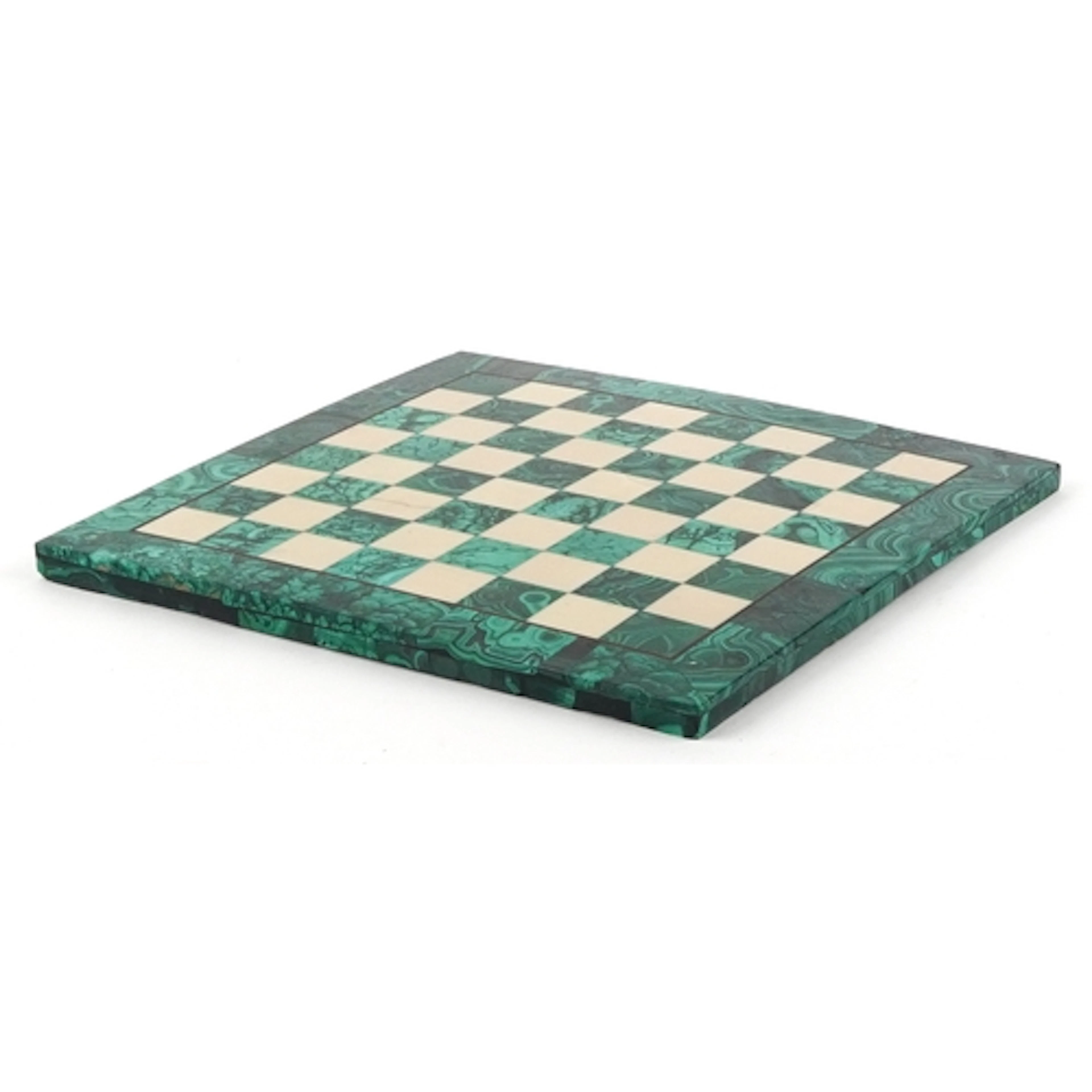 Inlaid malachite and marble chess board, 39.5cm x 39.5cm.