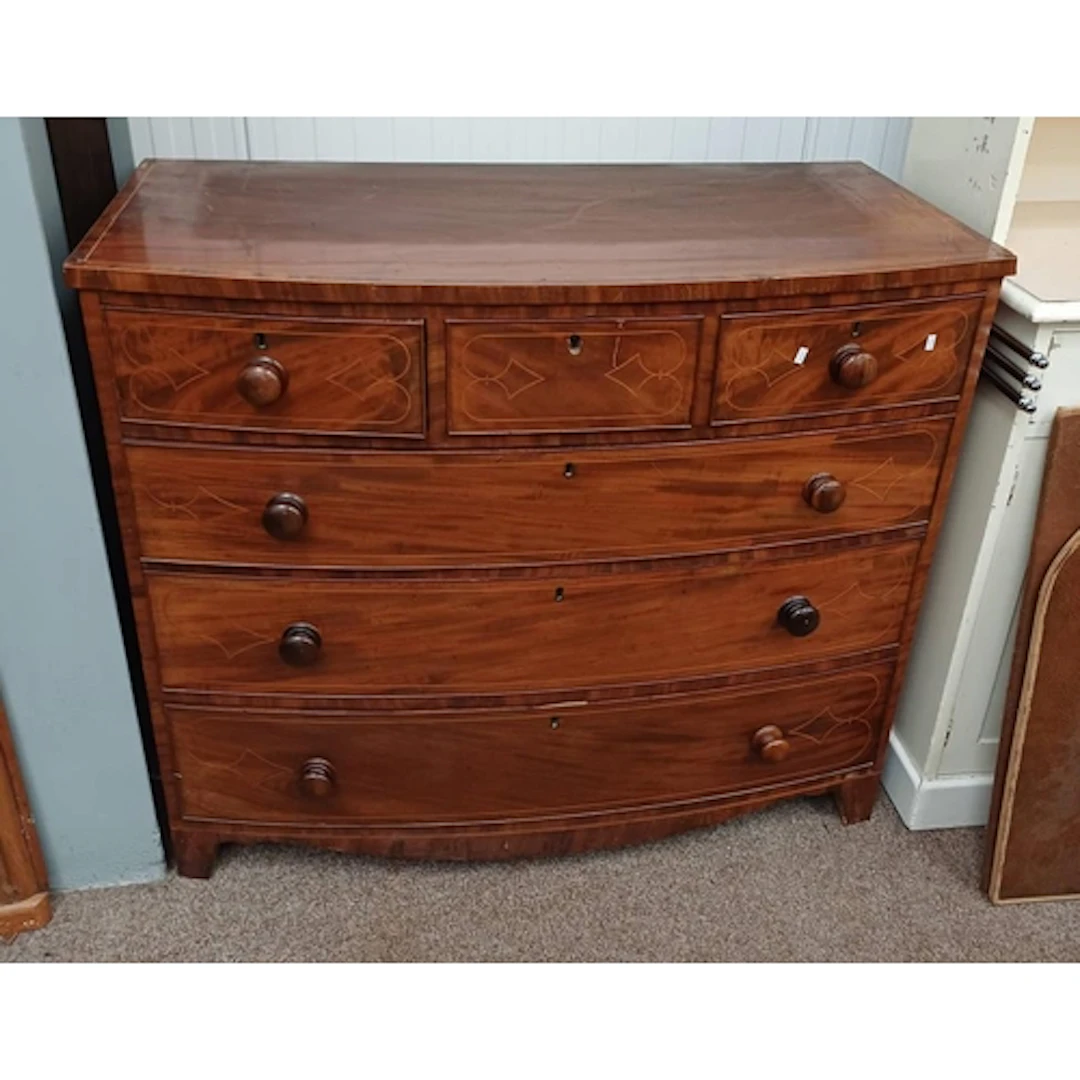 19TH CENTURY INLAID MAHOGANY BOW FRONT CHEST OF 3 SHORT OVER...