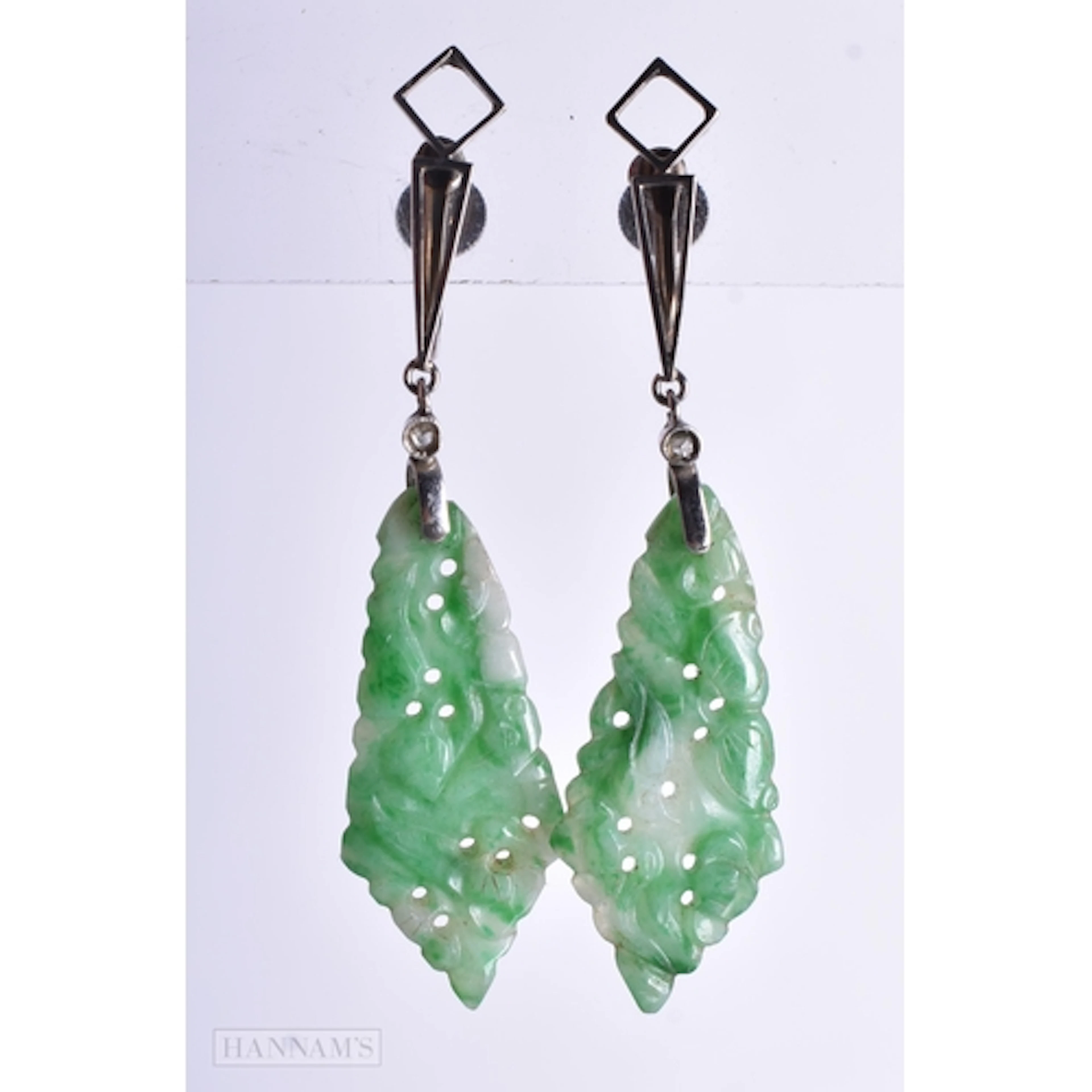 9ct white gold carved jadeite diamond drop screw-on earrings...